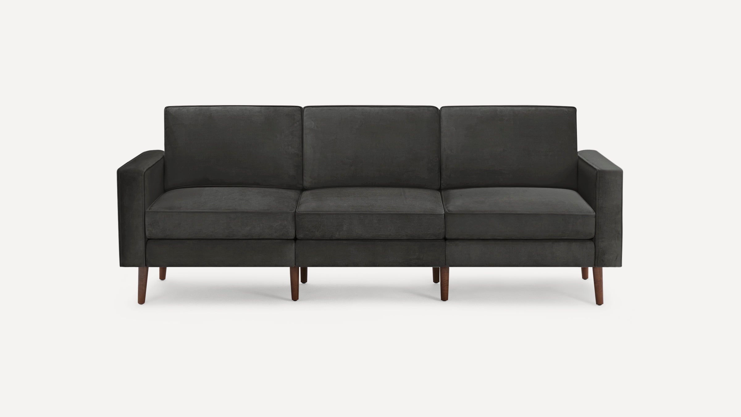 Modern three-seater dark gray sofa with square arms, cushioned seats, and wooden tapered legs on a white background.