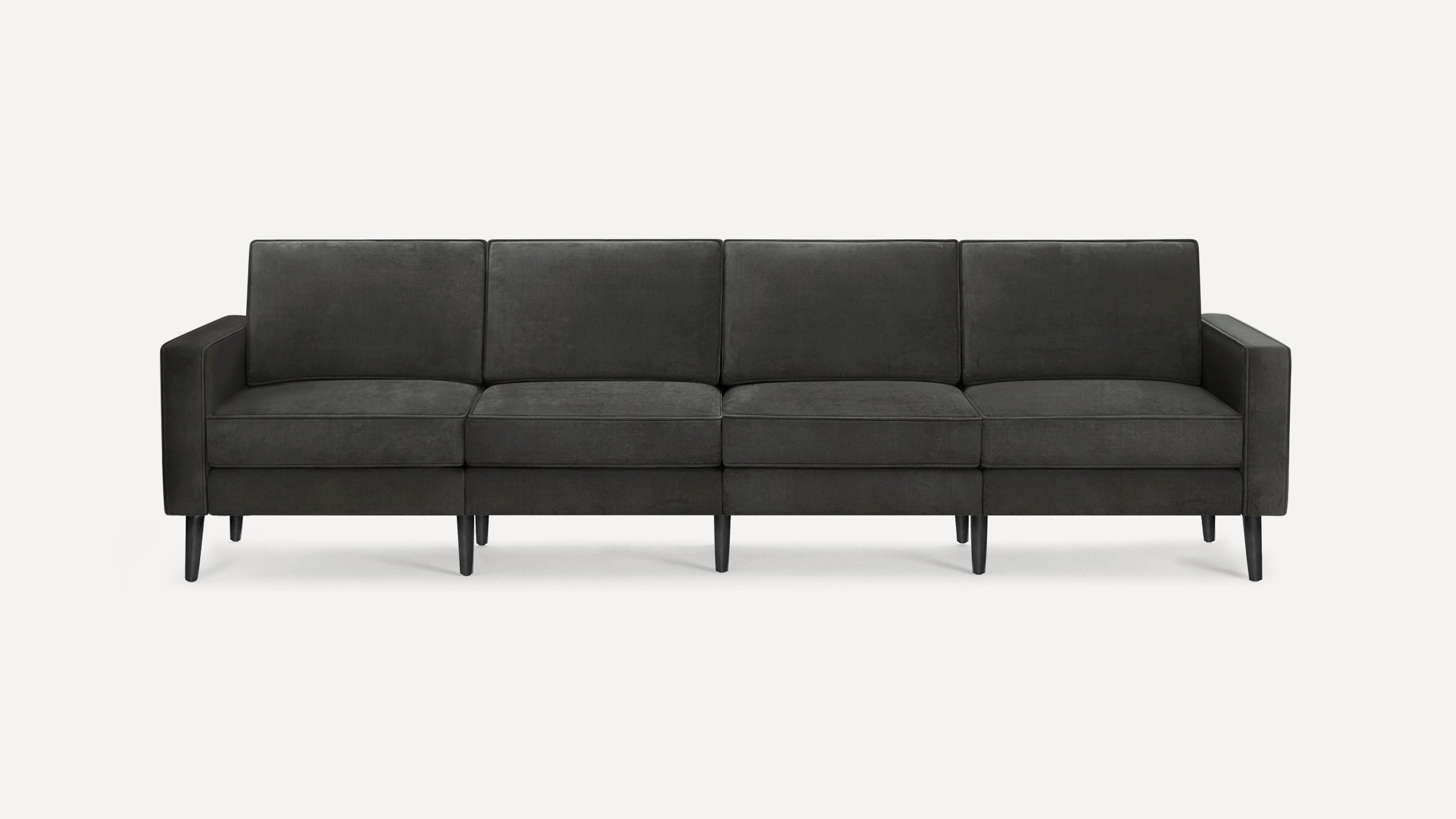 Modern dark gray fabric sofa with wooden legs, featuring clean lines and four seat cushions.
