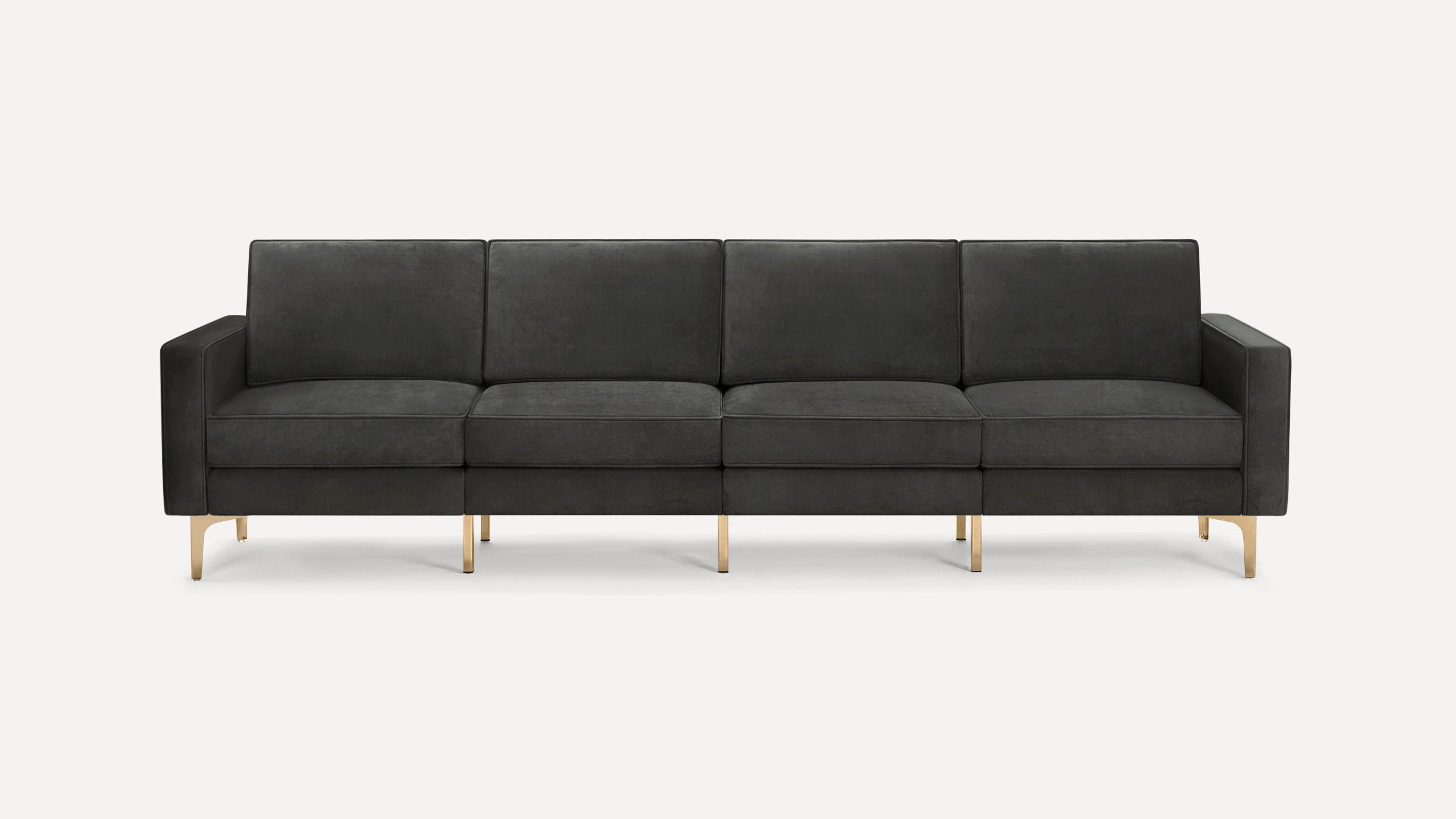 Modern dark gray four-seater sofa with sleek gold metal legs and clean rectangular cushions on a white background.