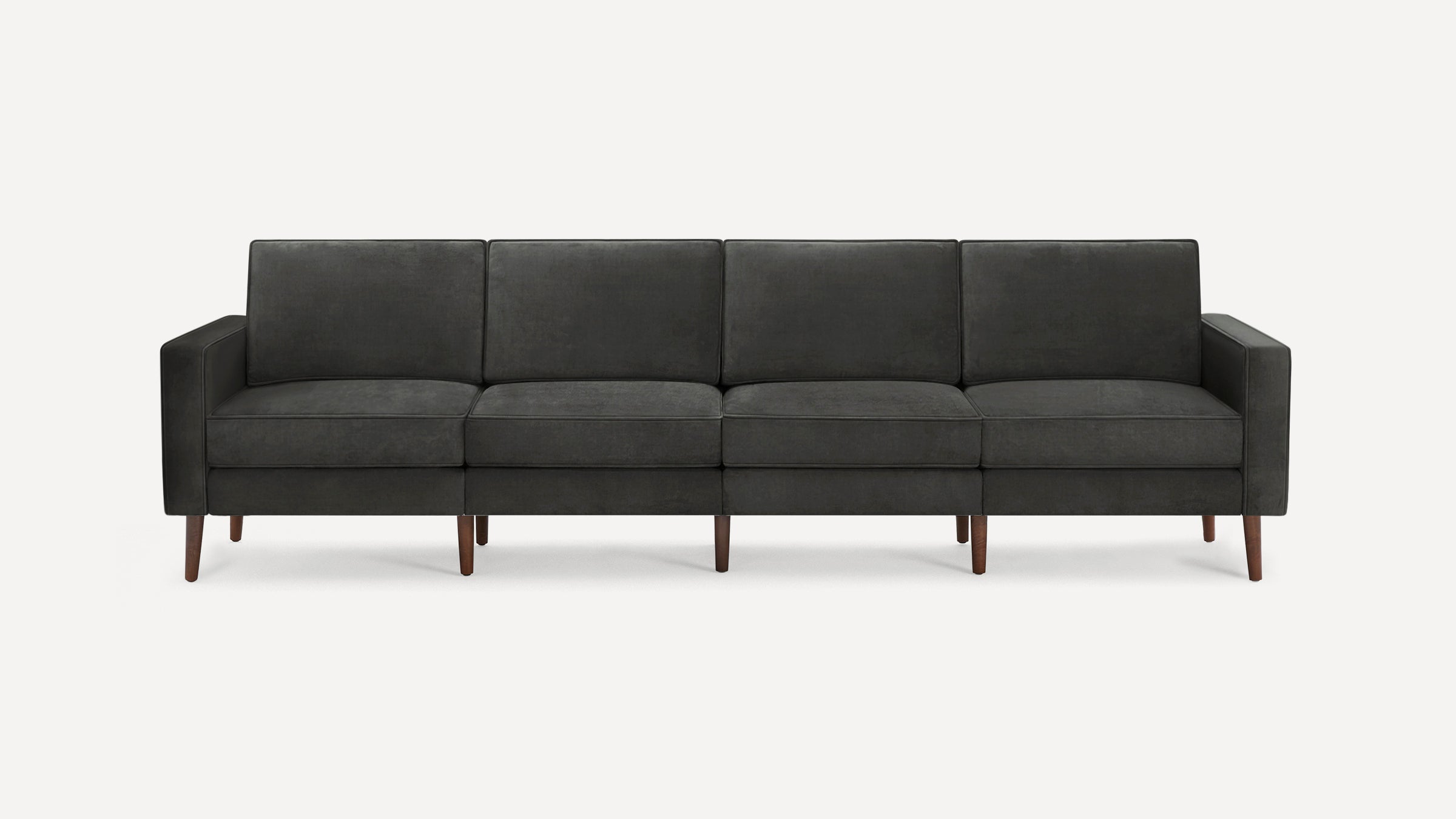 Dark gray modern four-seater sofa with clean lines, wooden tapered legs, and cushioned back and seat panels.
