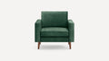 Front view of a modern, dark green upholstered armchair with wooden legs and square armrests on a white background.