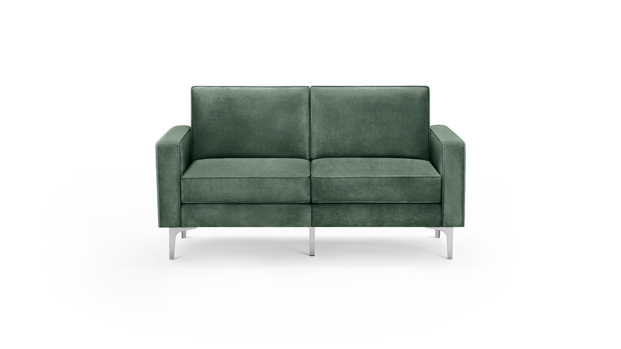 modern green velvet sofa with sleek metal legs and a sleek backrest, featuring a deep cushioned seat and backrest