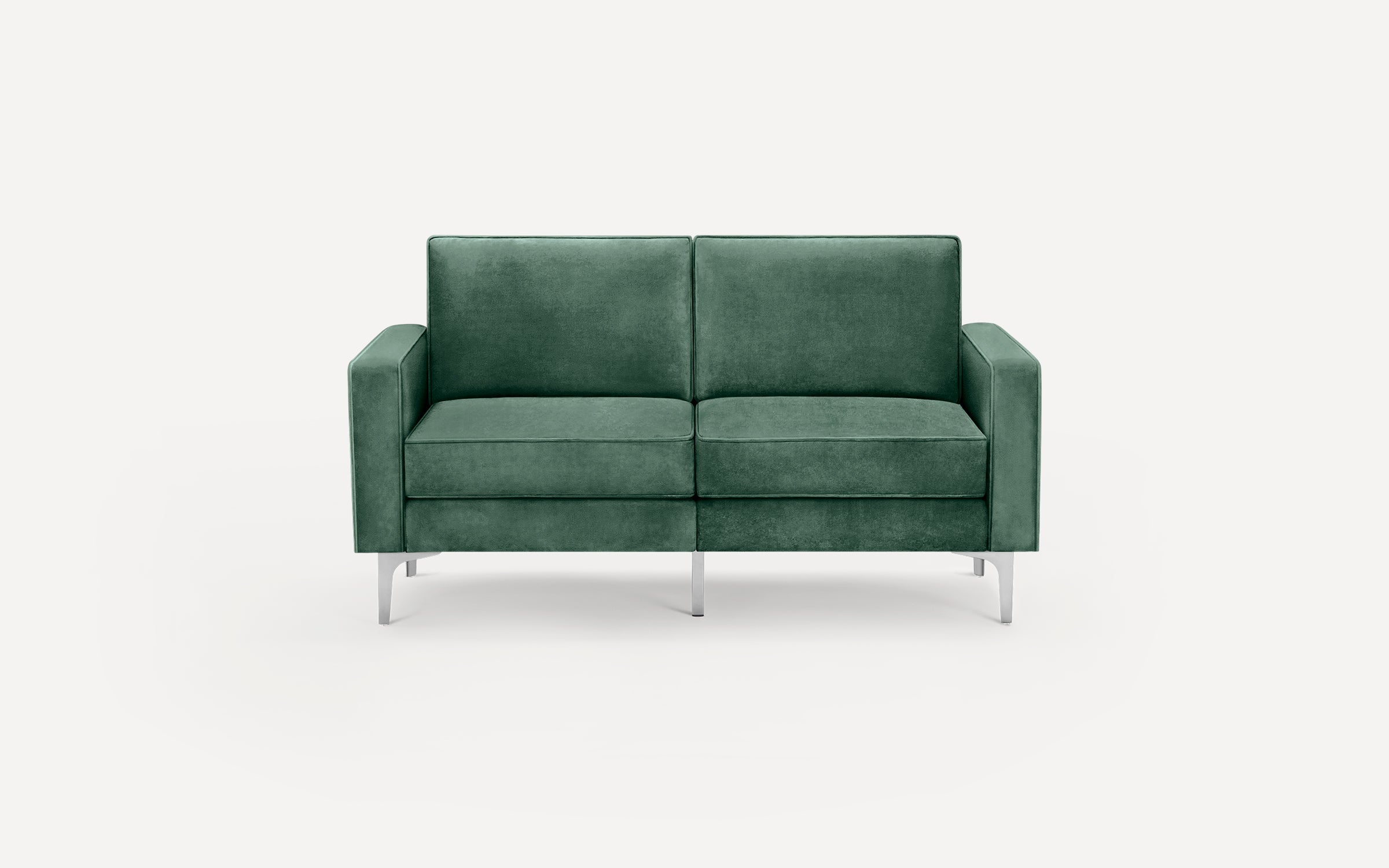 Modern two-seater sofa upholstered in dark green velvet fabric with square armrests and slim metallic legs.