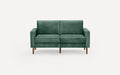 Green velvet two-seater sofa with clean lines, square arms, and tapered wooden legs, set against a white background.