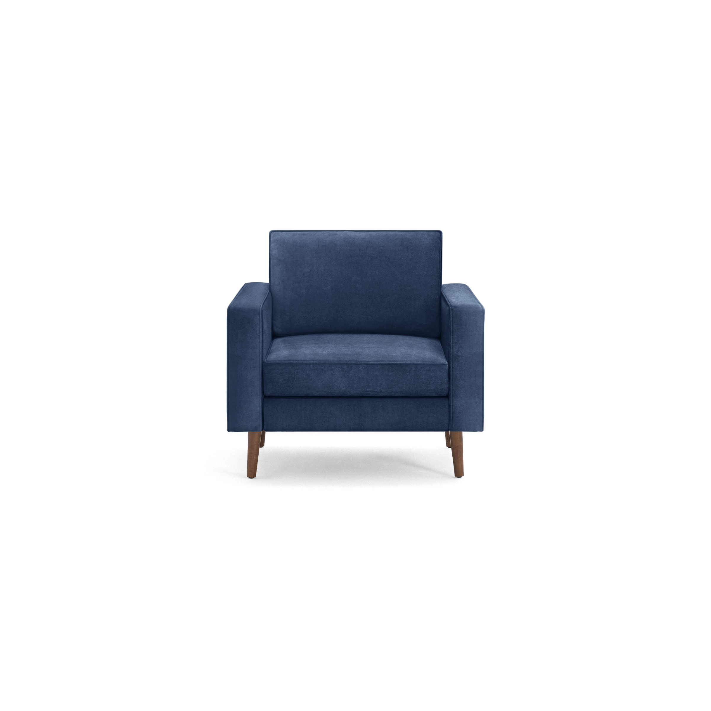 modern blue upholstered armchair with wooden legs and a deep cushioned seat, featuring a wooden tapered backrest and a sleek, clean