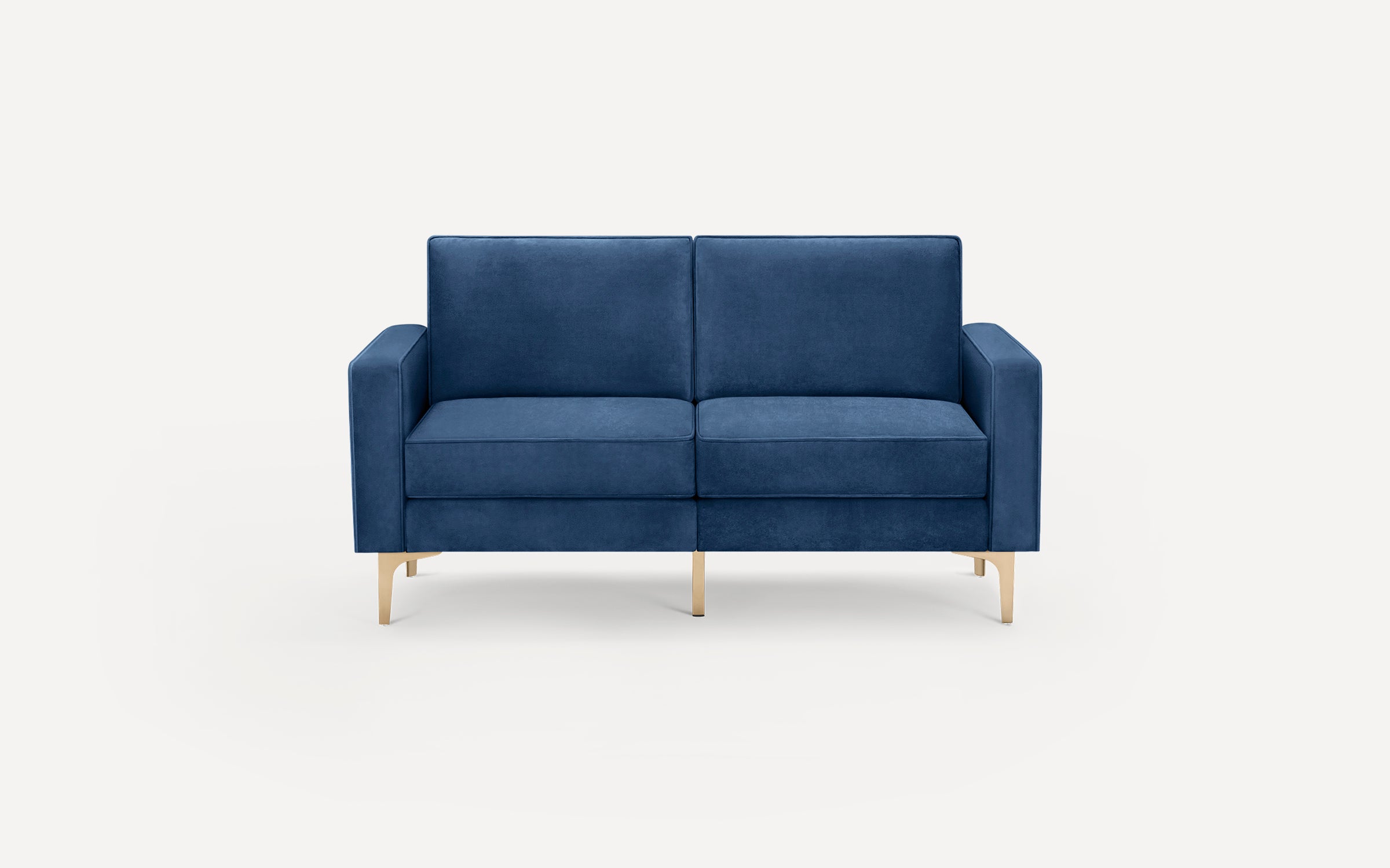 Modern two-seater sofa upholstered in blue velvet fabric with straight armrests and brass-colored metal legs on a white background.