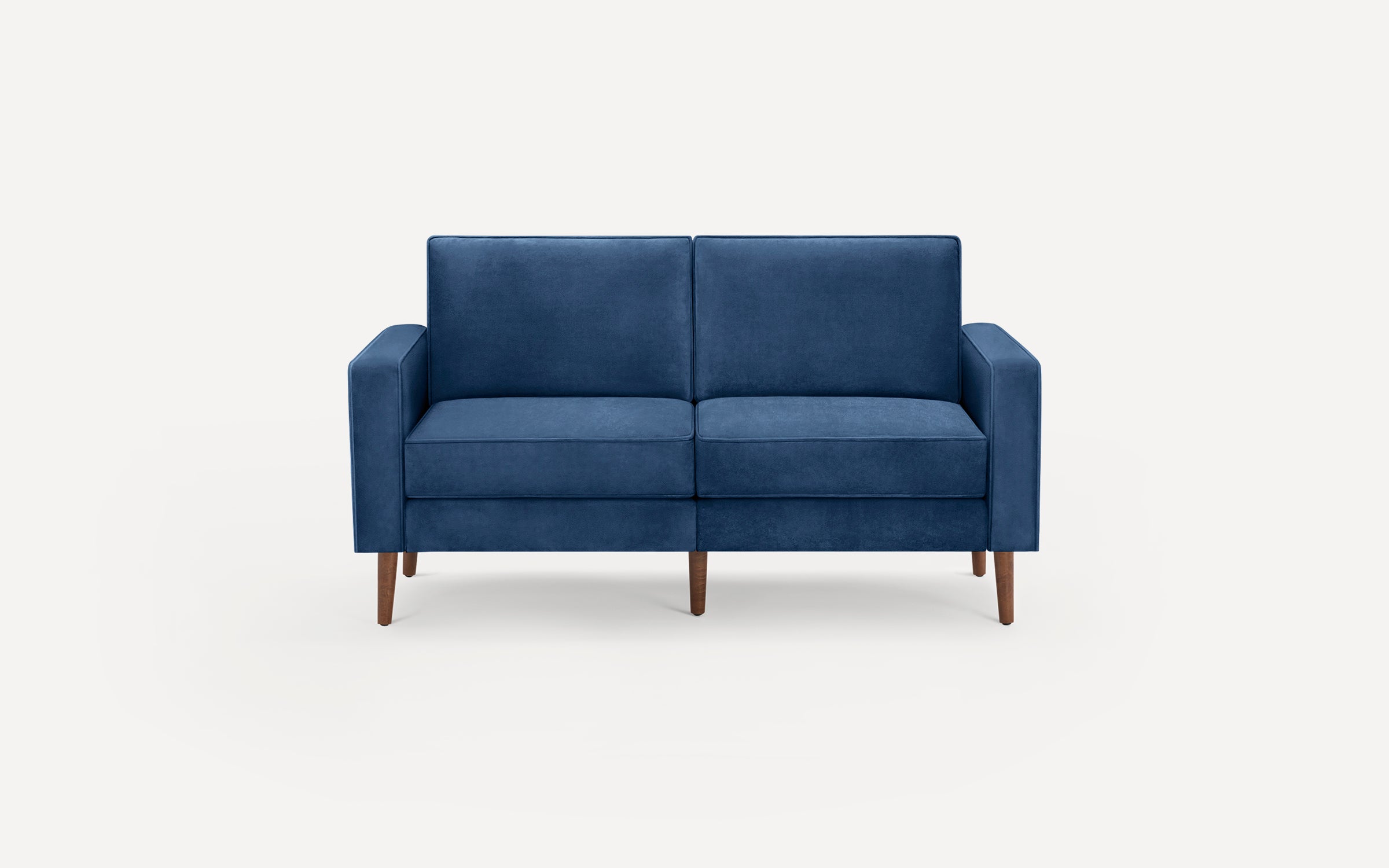Blue two-seater sofa with clean lines, square arms, wooden tapered legs, and plush cushioned seats and backrests.