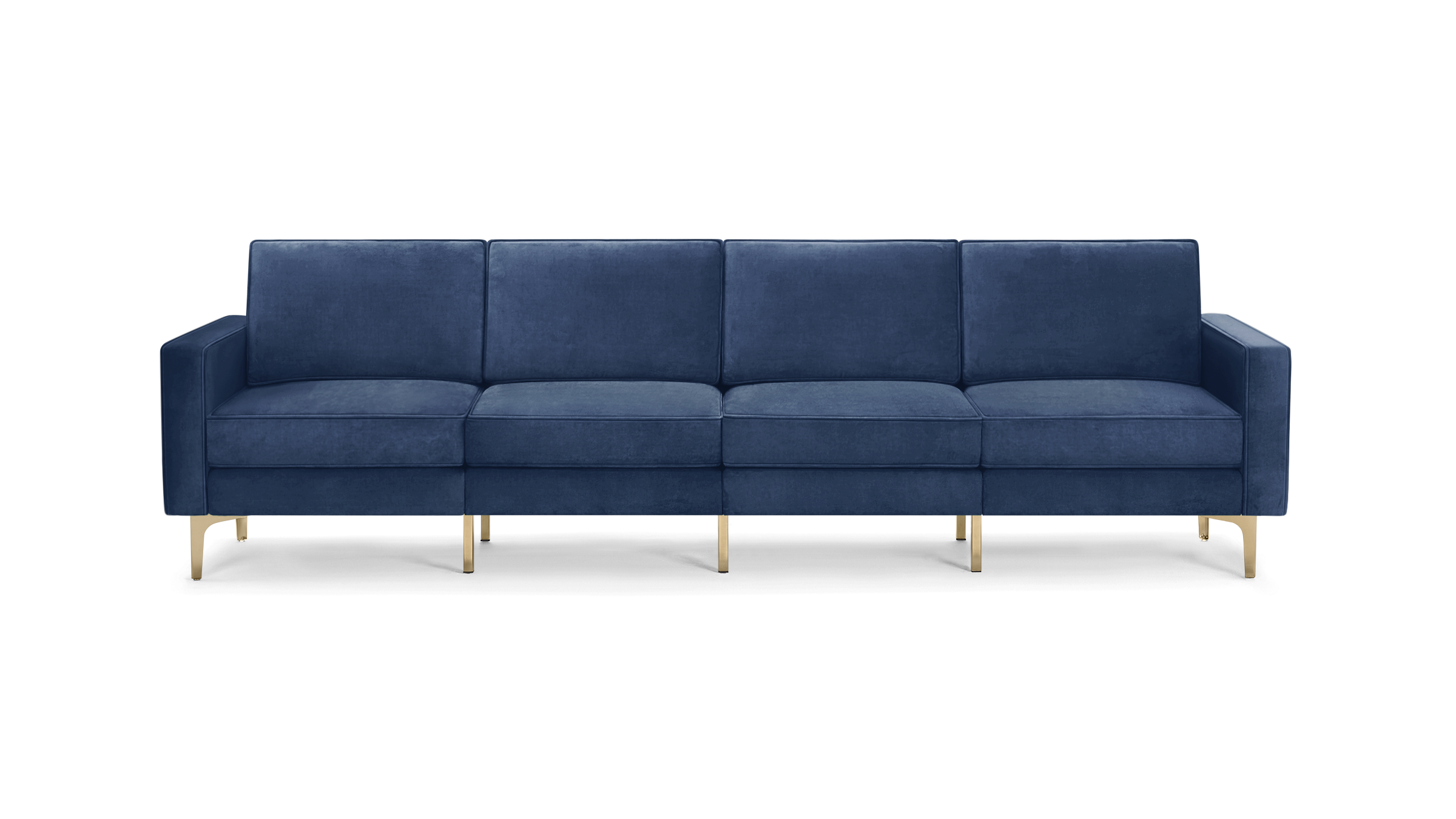 modern navy blue velvet sofa with gold metal legs and clean lines on the back, featuring a clean, modern design