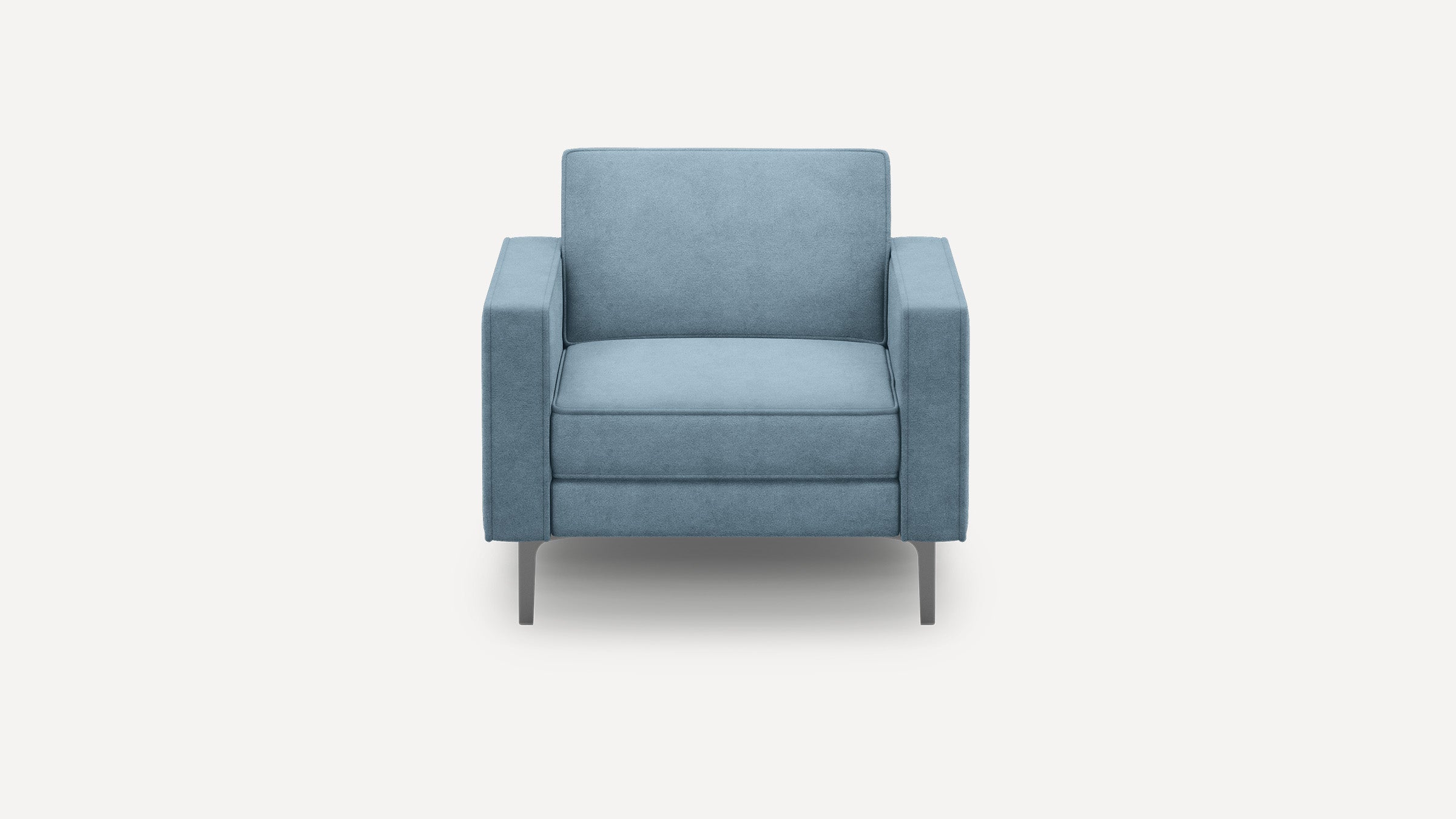Front view of a modern, light blue upholstered armchair with straight armrests and slim metal legs.