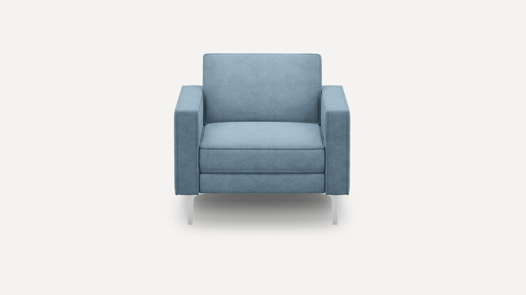 Modern blue armchair with clean lines, plush cushioning, and sleek silver legs, shown from the front.
