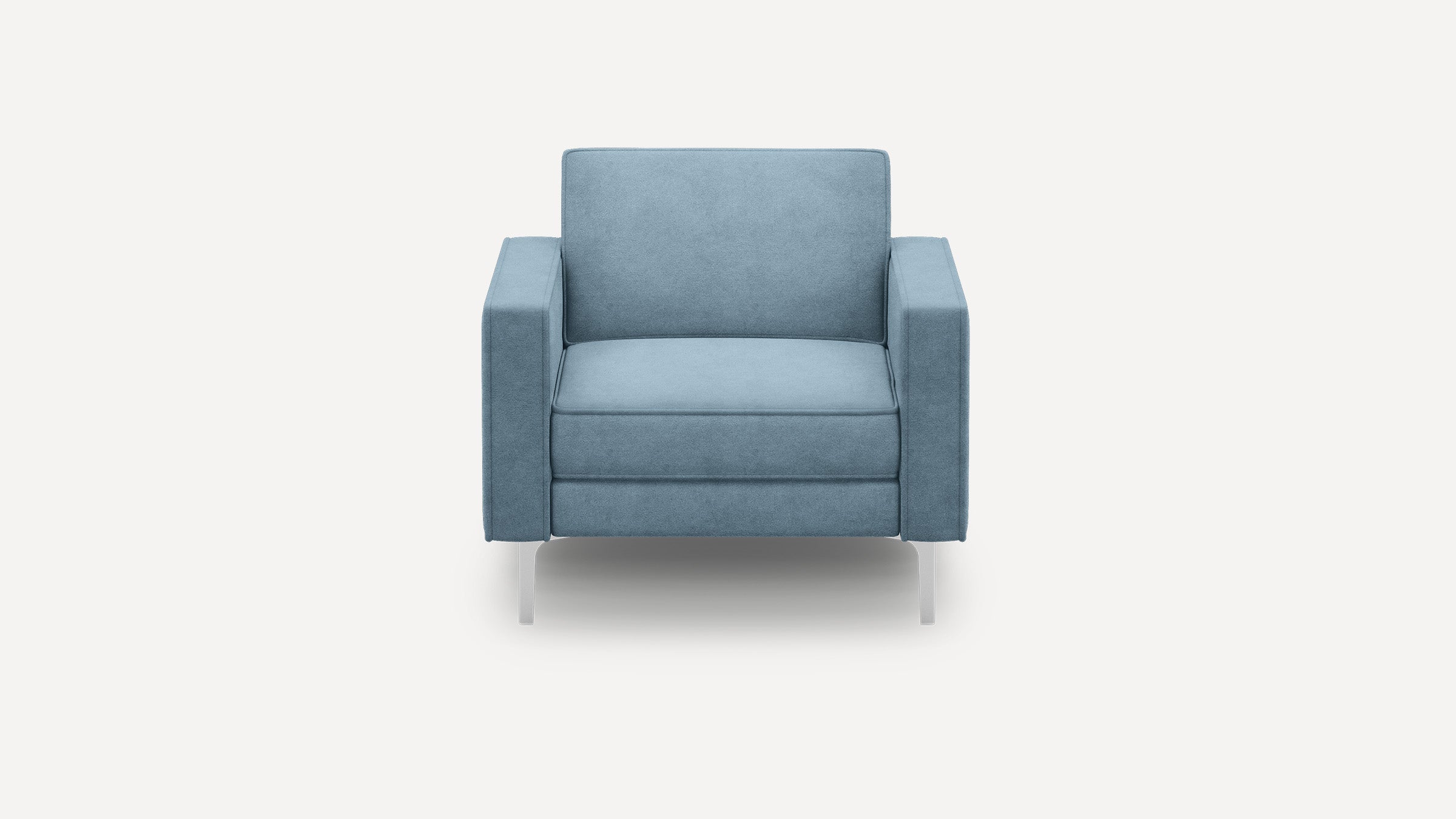 Modern blue armchair with clean lines, plush cushioning, and sleek silver legs, shown from the front.
