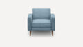 modern light blue upholstered armchair with wooden legs and a deep cushioned seat, featuring a wooden tapered backrest and a