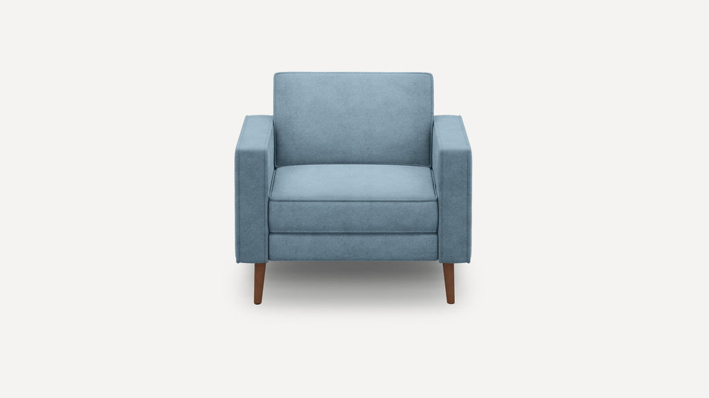 Front view of a modern single-seat armchair upholstered in light blue fabric with wooden legs.