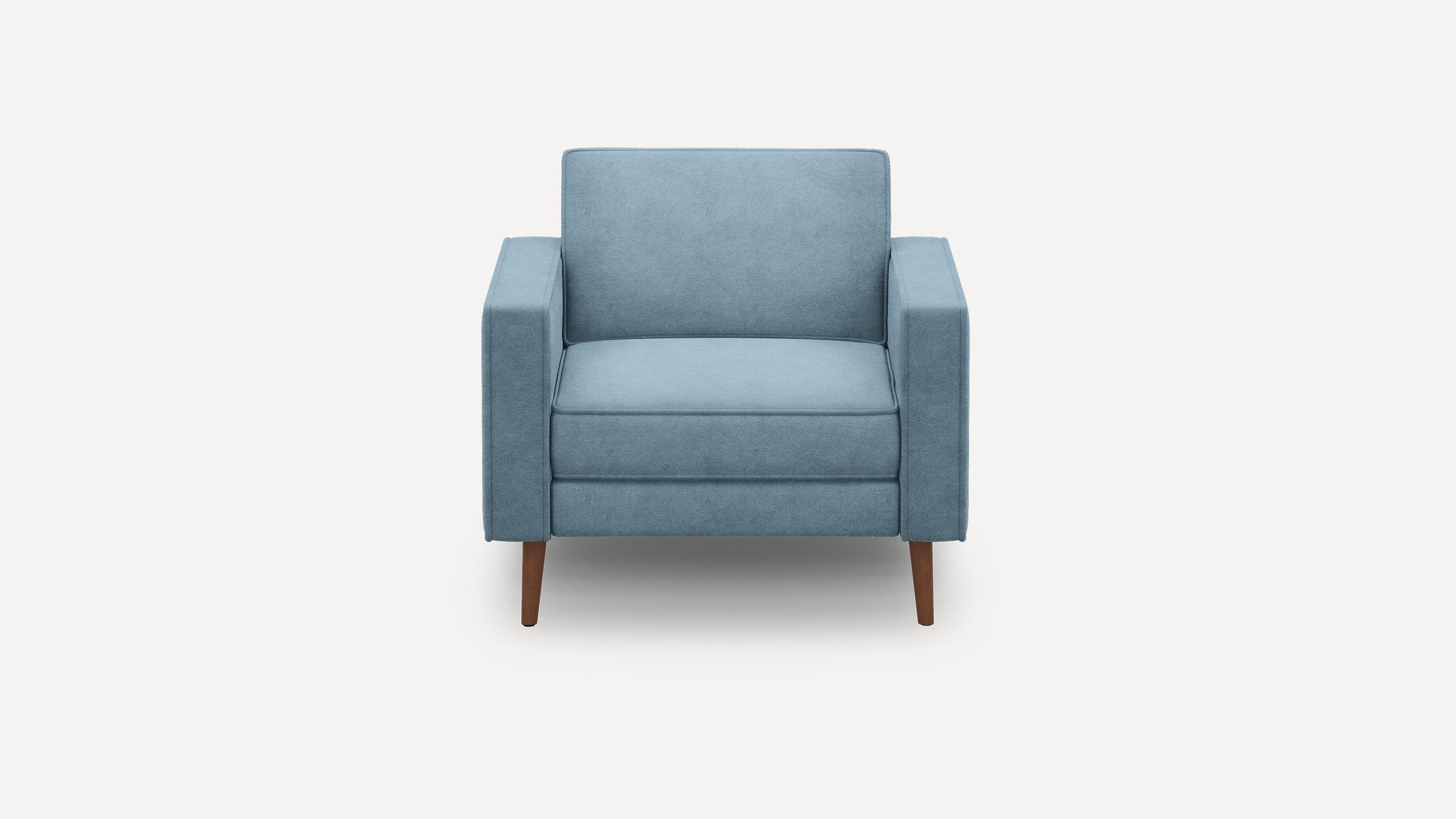 Front view of a modern single-seat armchair upholstered in light blue fabric with wooden legs.