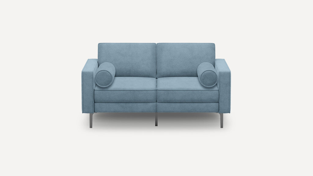 Modern light blue two-seater sofa with clean lines, metal legs, and two matching round bolster pillows on each side.