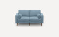modern light blue fabric sofa with wooden legs and a rounded backrest, featuring a rounded cushion and wooden legs on the back