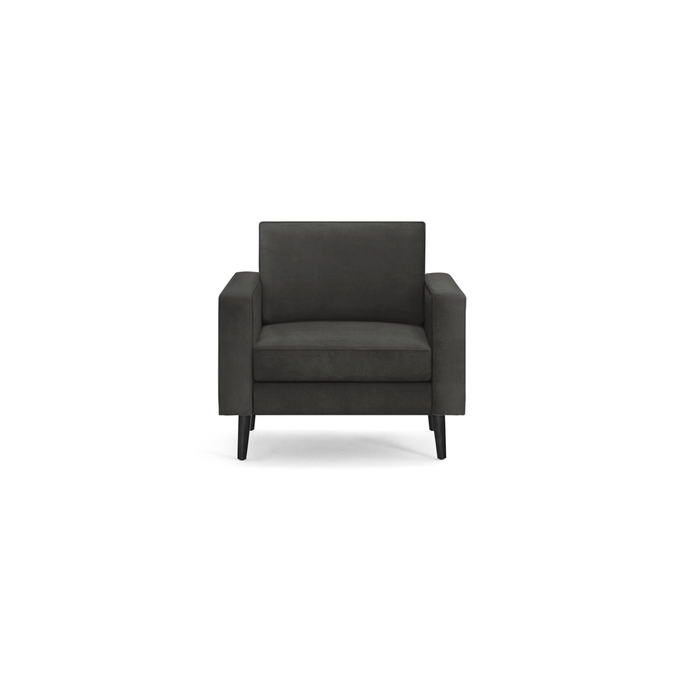 modern black velvet armchair with wooden legs and a black upholstered backrest, featuring a sleek, modern design