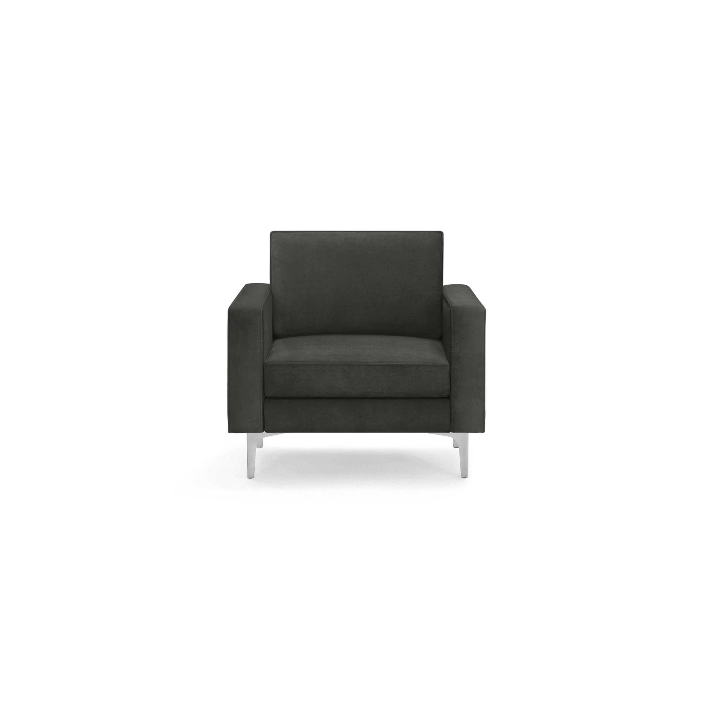 modern black velvet armchair with white metal legs and a sleek backrest, featuring a sleek, modern design