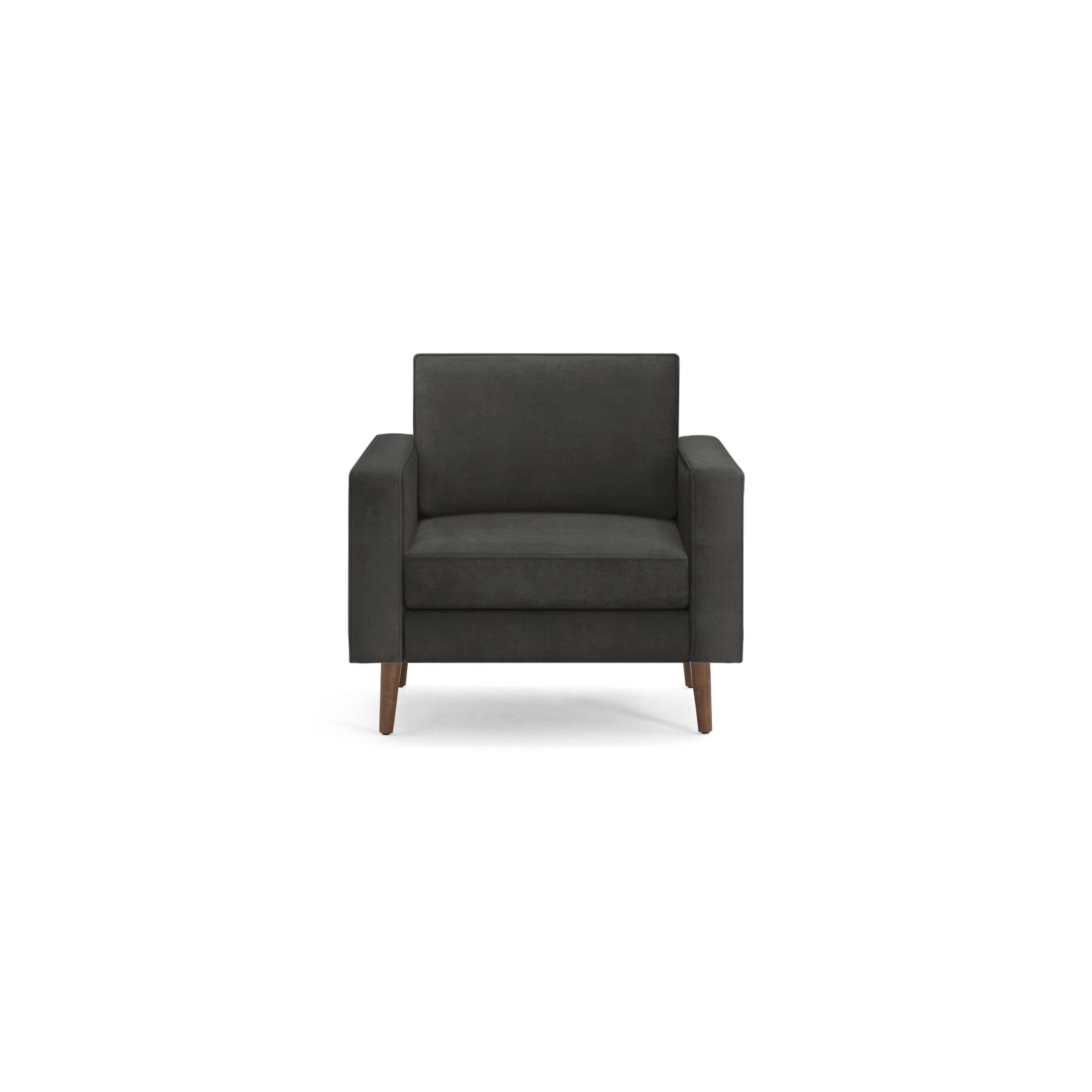 modern dark gray upholstered armchair with wooden legs and a sleek backrest, featuring a deep cushioned seat and wooden tapered legs