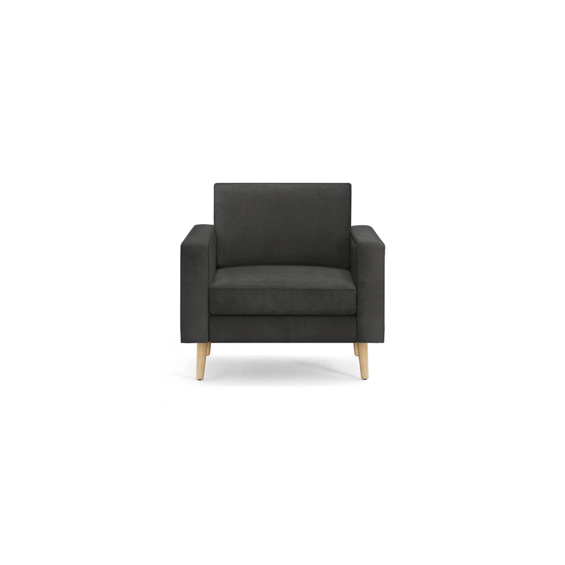modern black armchair with wooden legs and a dark gray upholstery fabric upholstery with a wooden tapered armrest and a