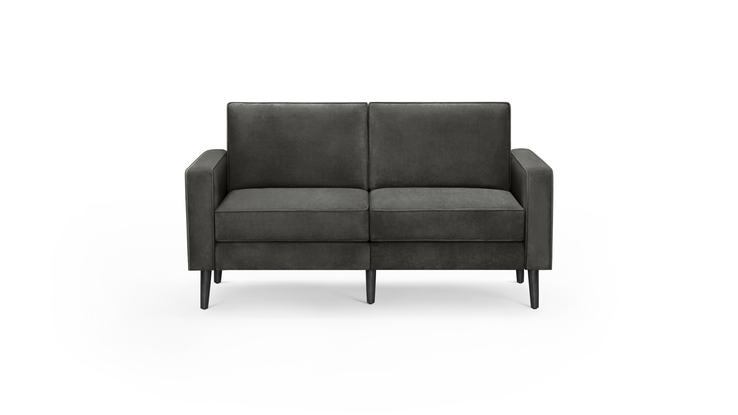 modern dark gray fabric sofa with black metal legs and a clean, minimalist design