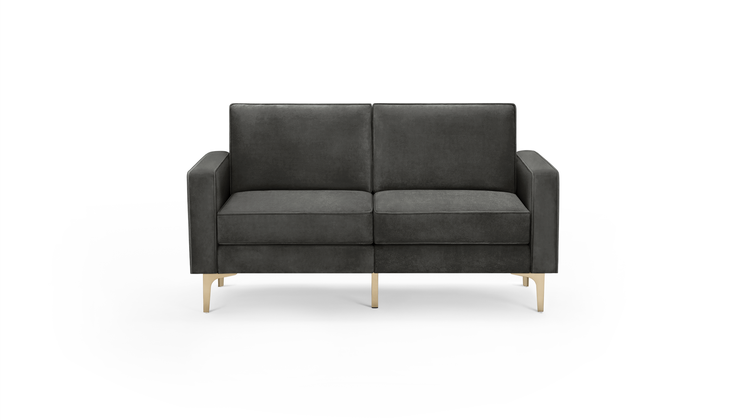 modern dark gray velvet sofa with wooden legs and a clean, minimalist design