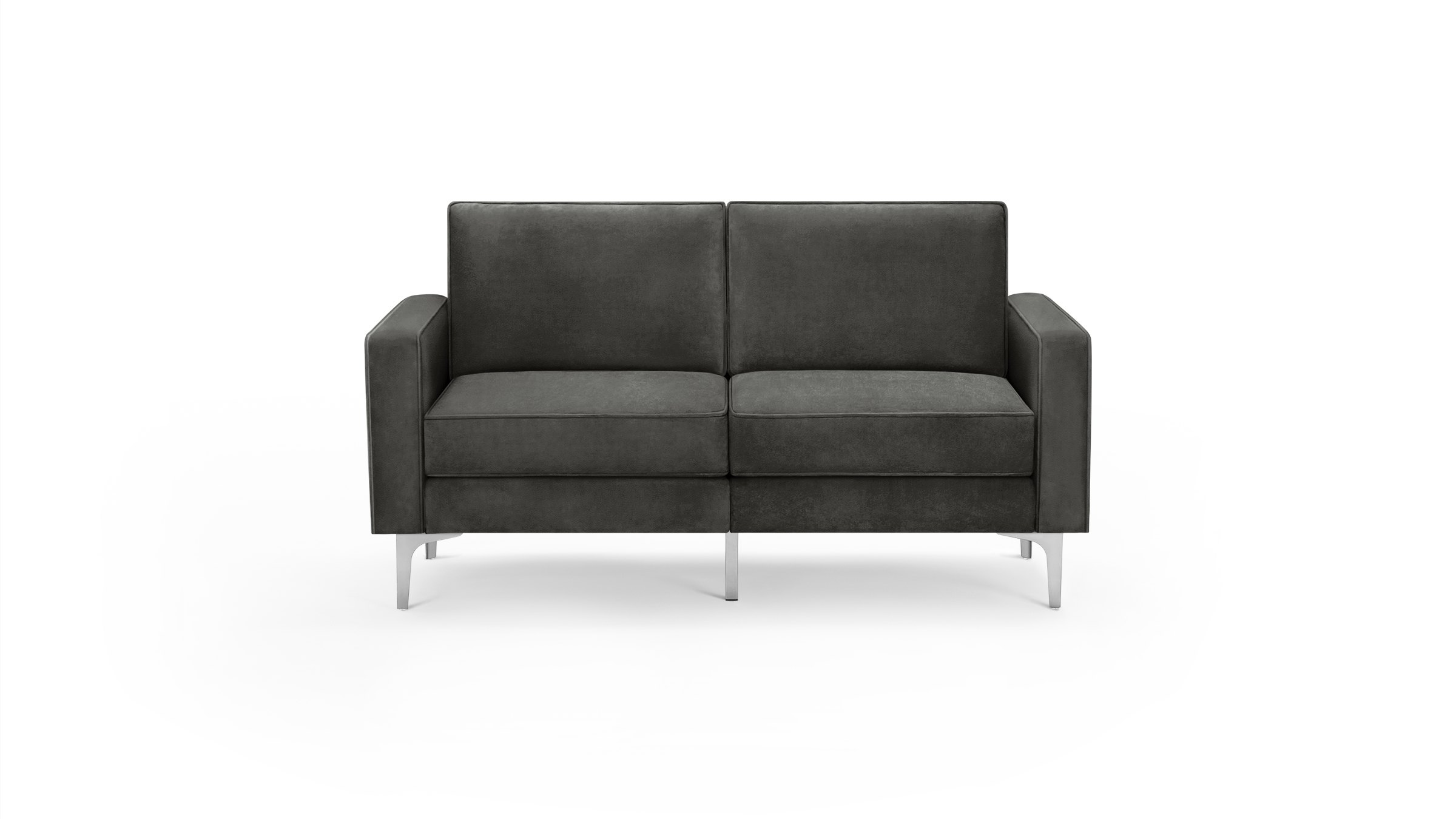 modern dark gray fabric loveseat with tapered back cushions and sleek metal legs