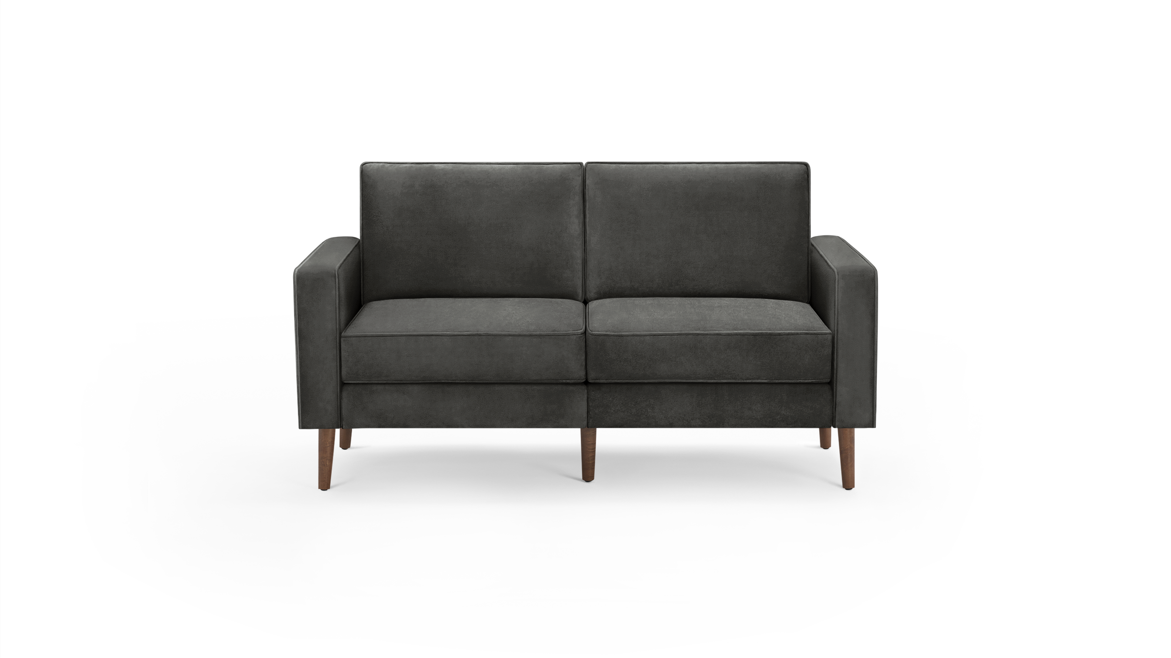 modern dark gray fabric sofa with wooden legs and clean lines on the back, featuring a clean, minimalist design