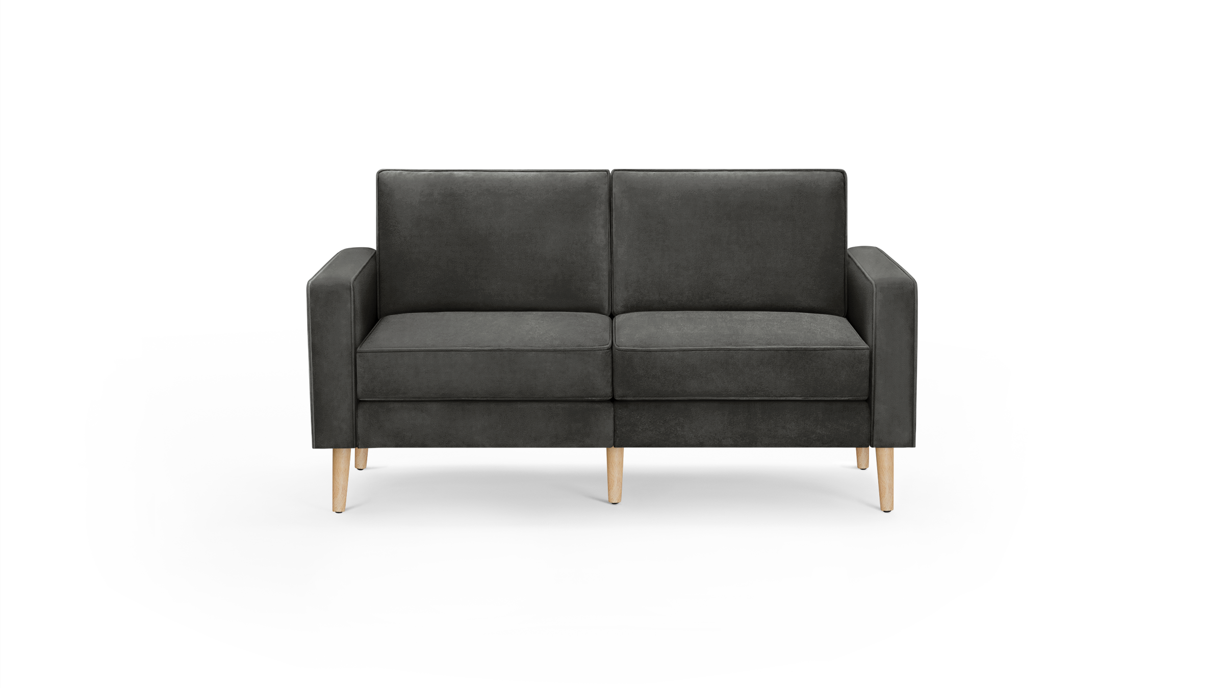 modern dark gray fabric sofa with wooden legs and clean lines on the back, featuring a clean, minimalist design