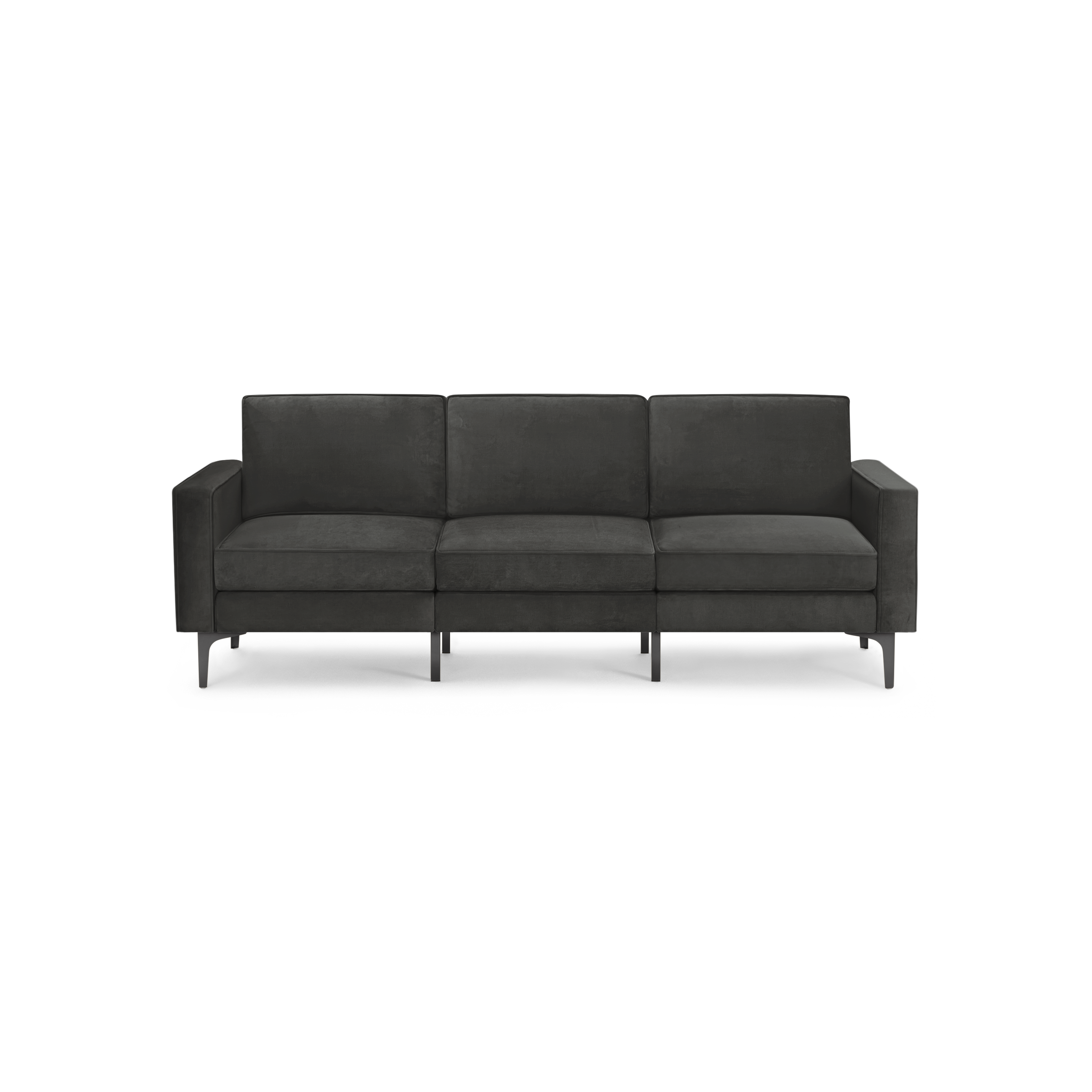 modern dark gray velvet sofa with black metal legs and back cushions