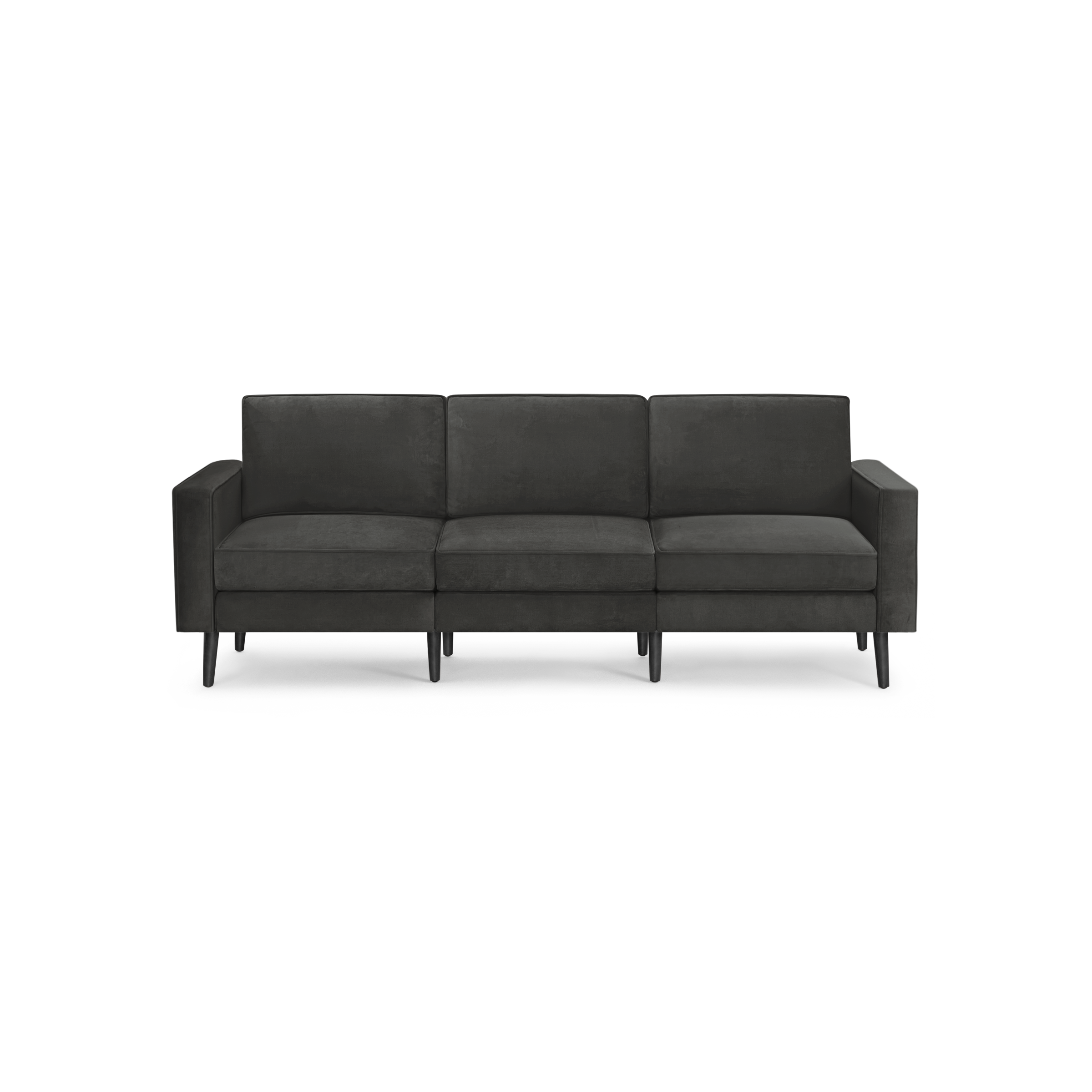 modern dark gray velvet sofa with black metal legs and back cushions