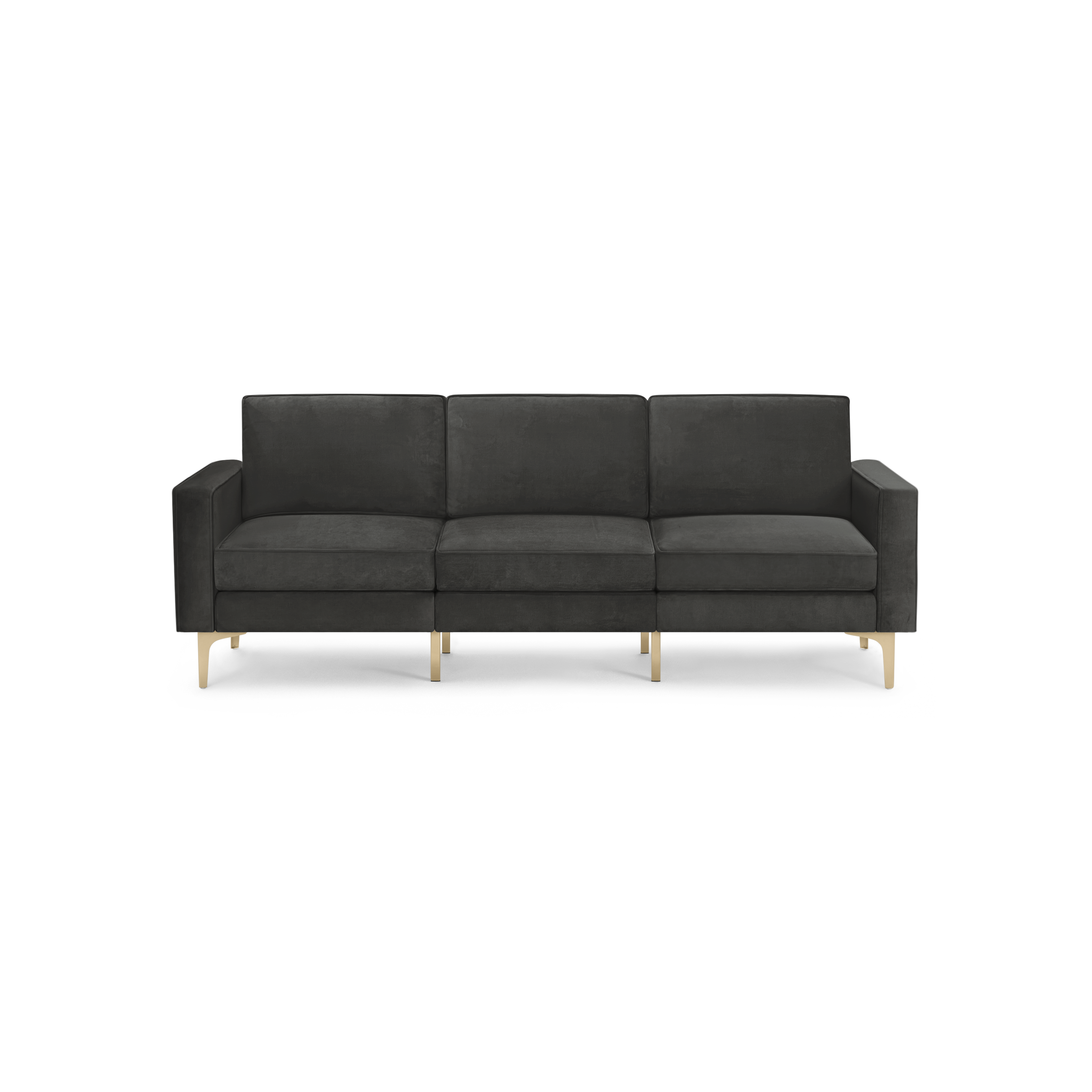 modern dark gray velvet sofa with gold metal legs and clean lines on the back, featuring a clean, minimalist design