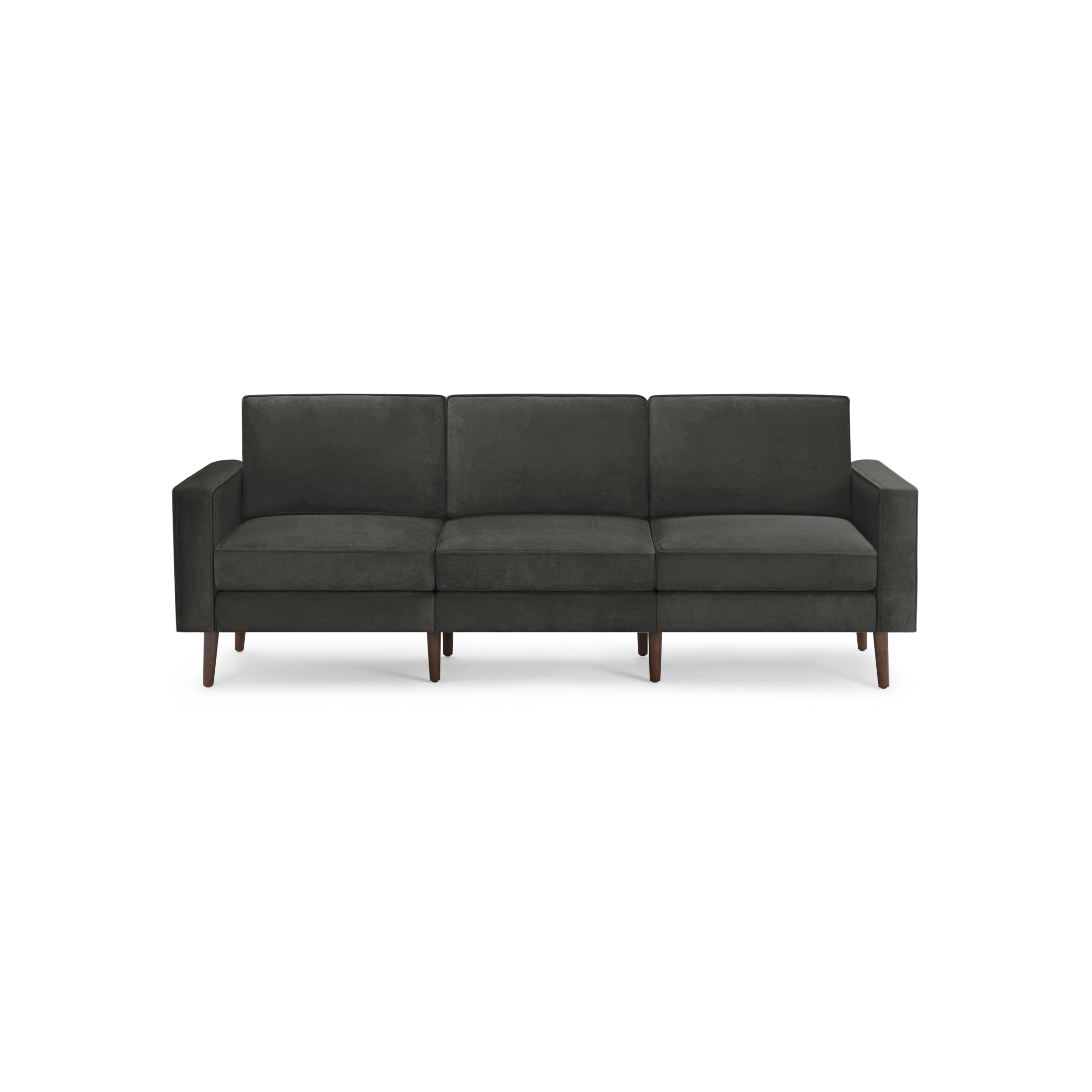 modern dark gray velvet sofa with wooden legs and clean lines on the back, featuring a deep cushioned design and clean lines on the arms