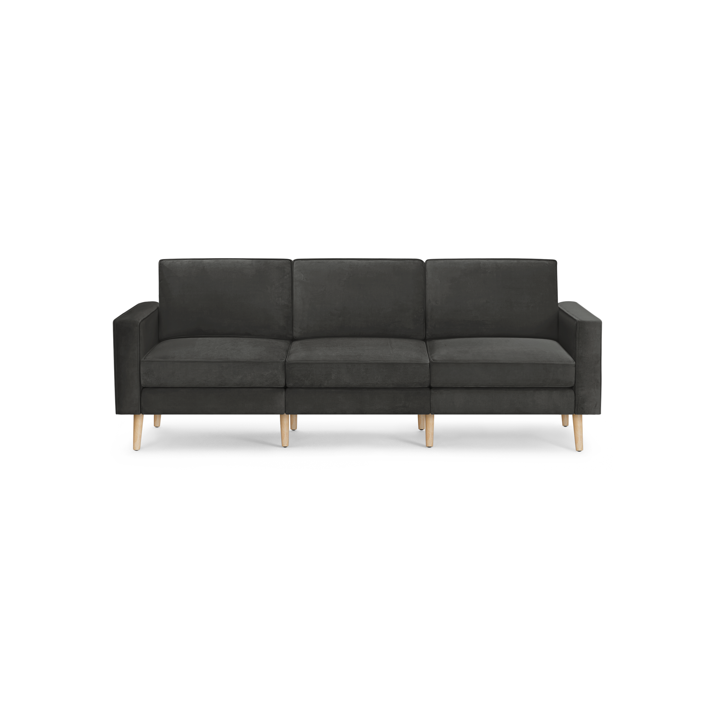 modern dark gray velvet sofa with wooden legs and clean lines on the back, featuring a clean, minimalist design