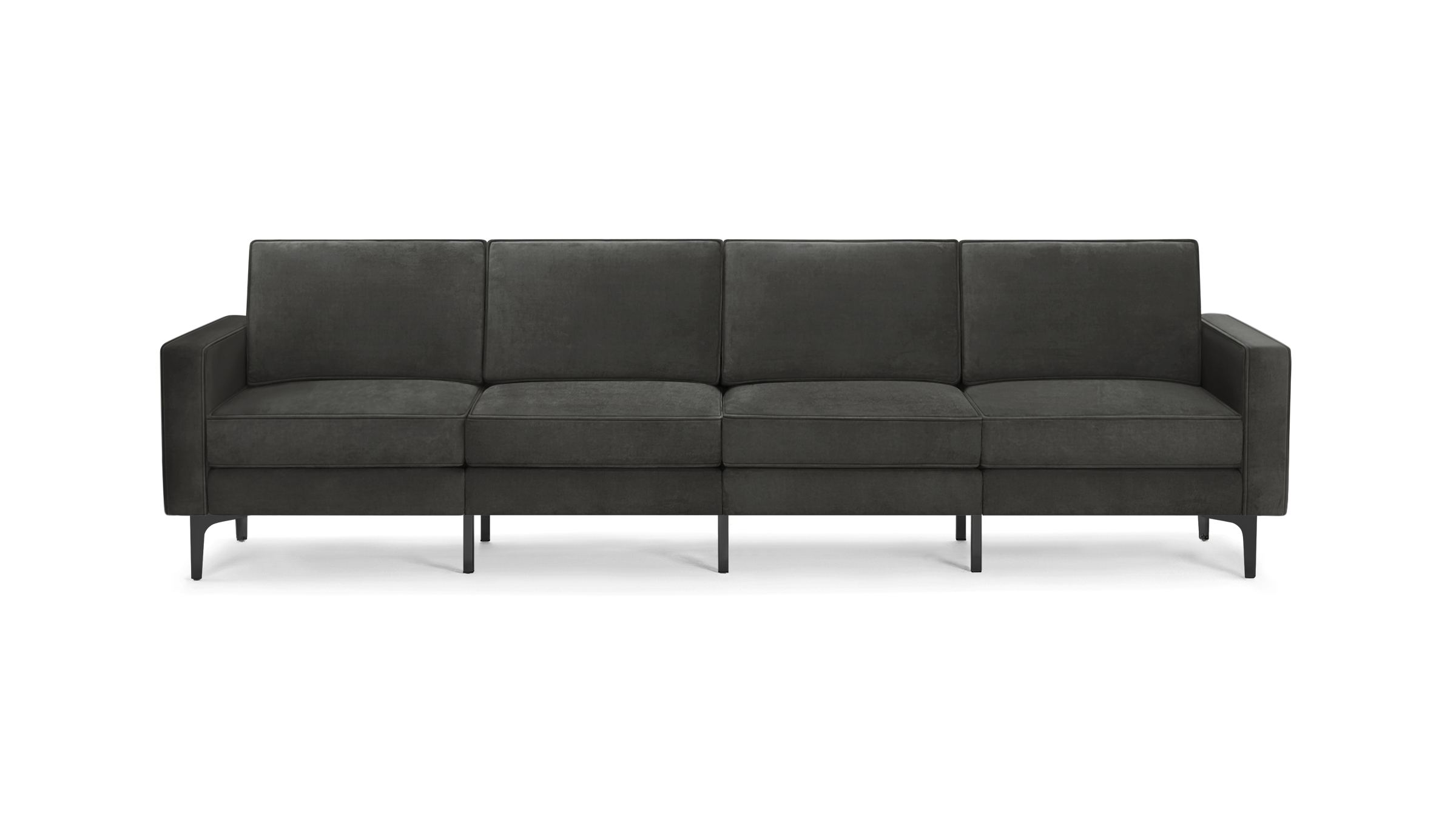 modern dark gray velvet sofa with black metal legs and back cushions
