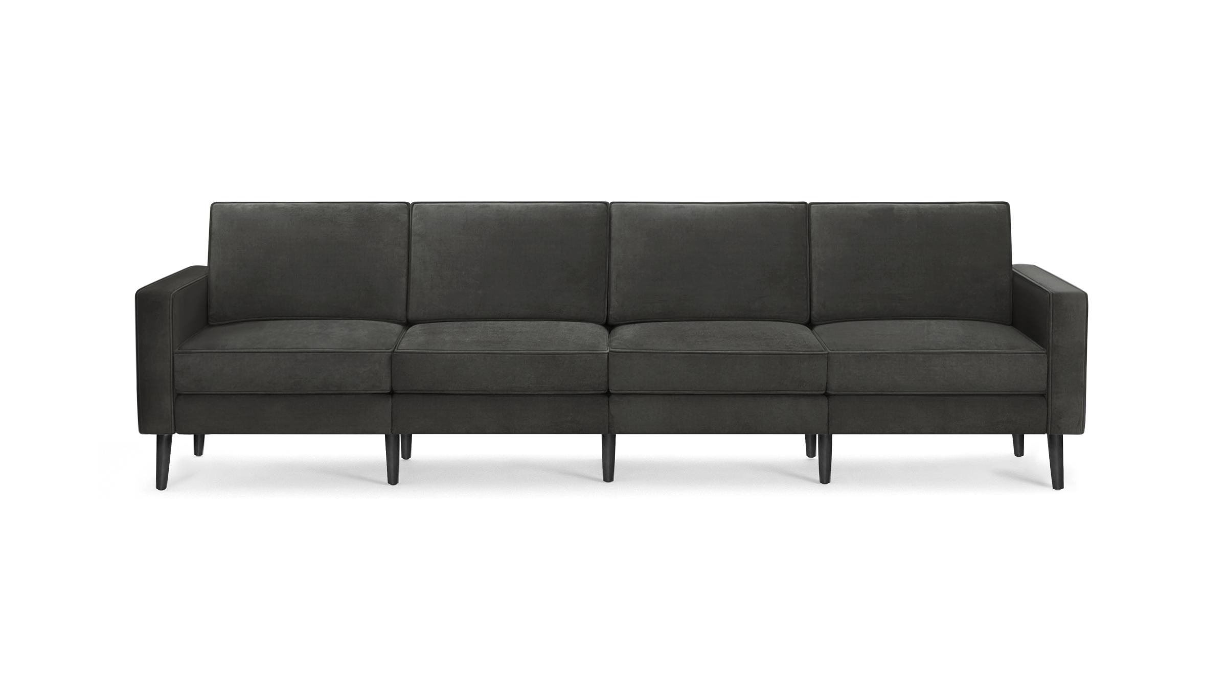 modern dark gray velvet sofa with black metal legs and a sleek backrest and sleek backrests