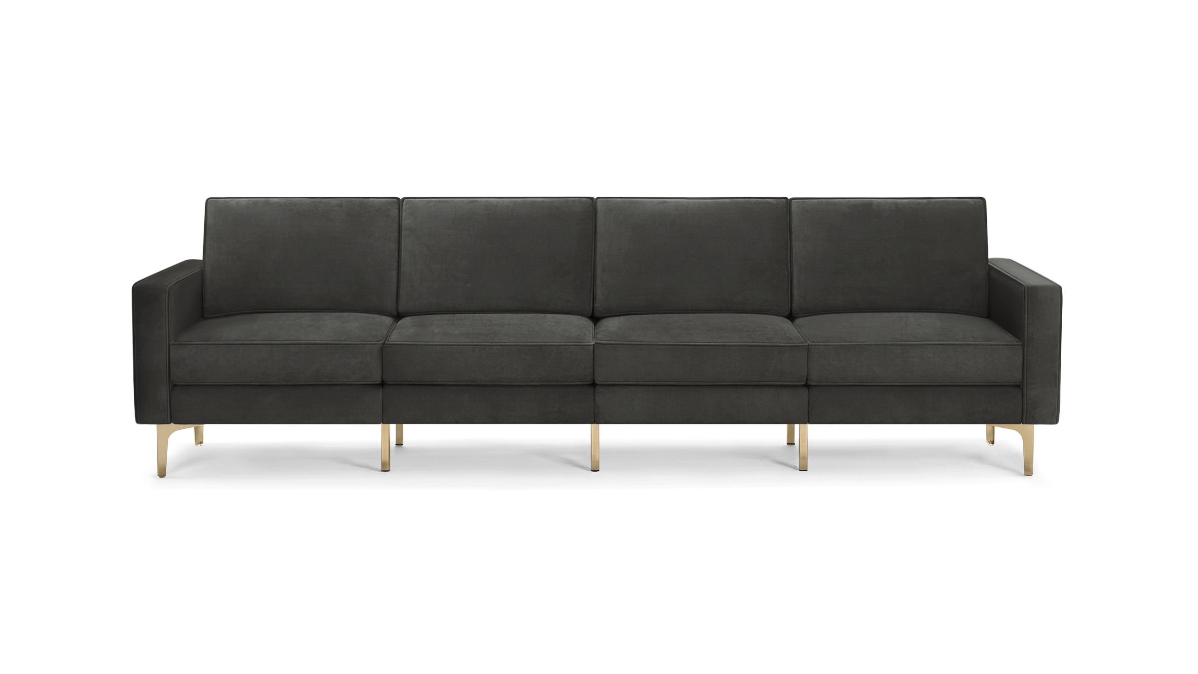 modern dark gray velvet sofa with gold metal legs and clean lines on the back, featuring a clean, minimalist design