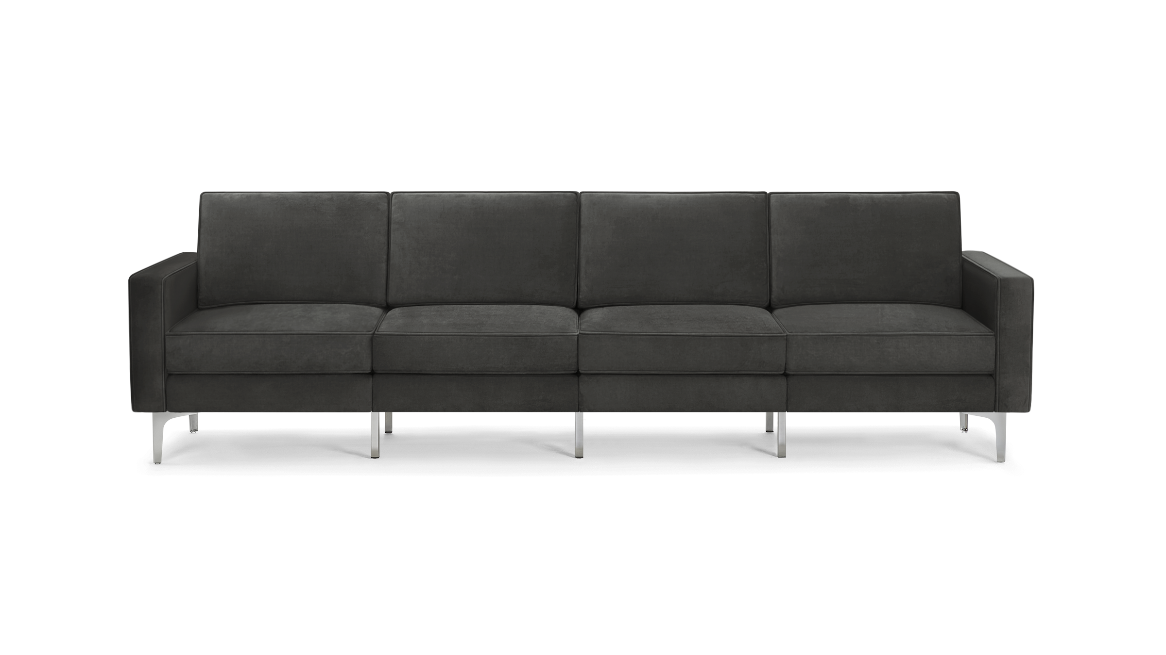 modern dark gray velvet sofa with chrome legs and clean lines on the back, featuring a sleek design and clean lines on the arms