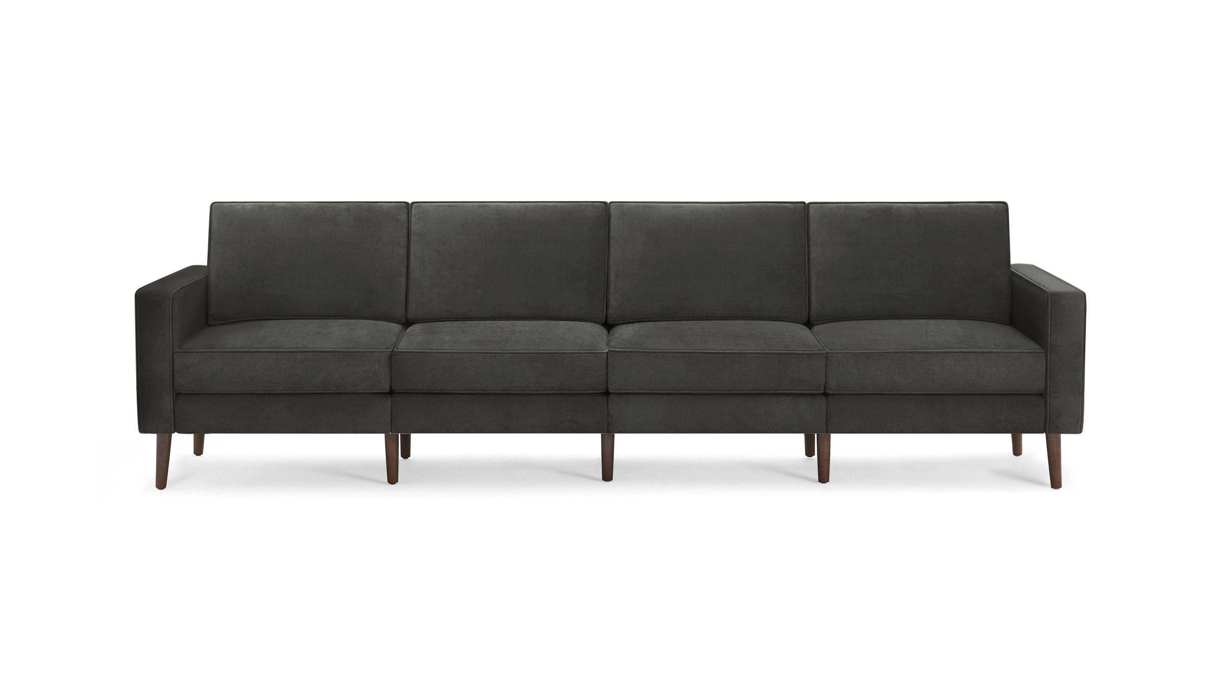 modern dark gray velvet sofa with wooden legs and clean lines on the back, featuring a clean, modern design