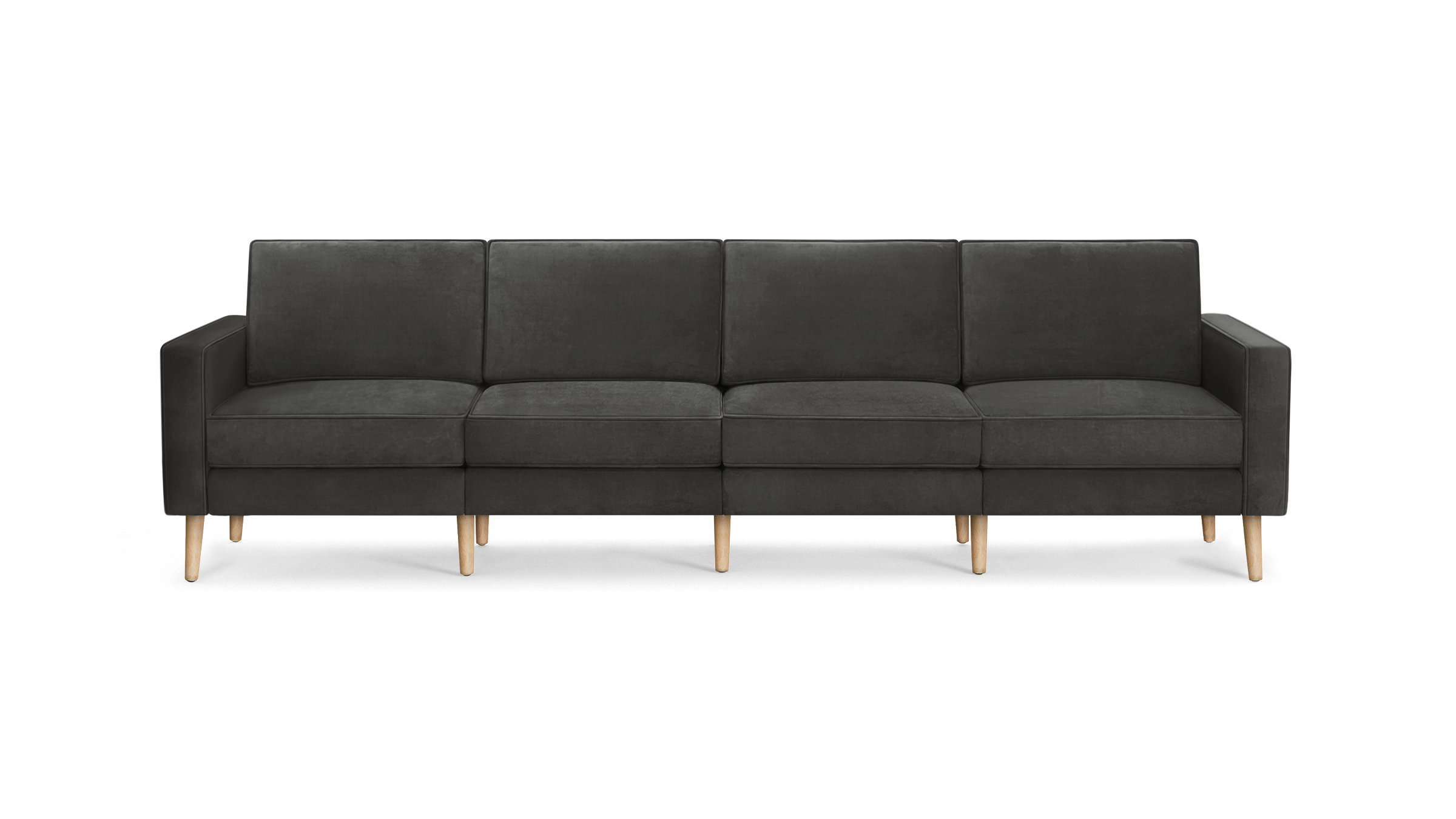 modern dark gray velvet sofa with wooden legs and back cushions, featuring a clean, modern design