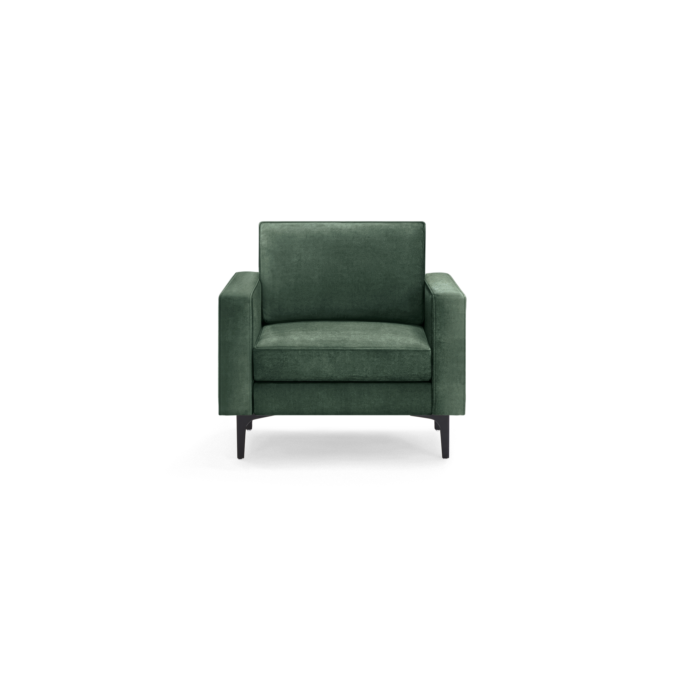 modern dark green velvet armchair with black metal legs and a sleek backrest, featuring a sleek, modern design