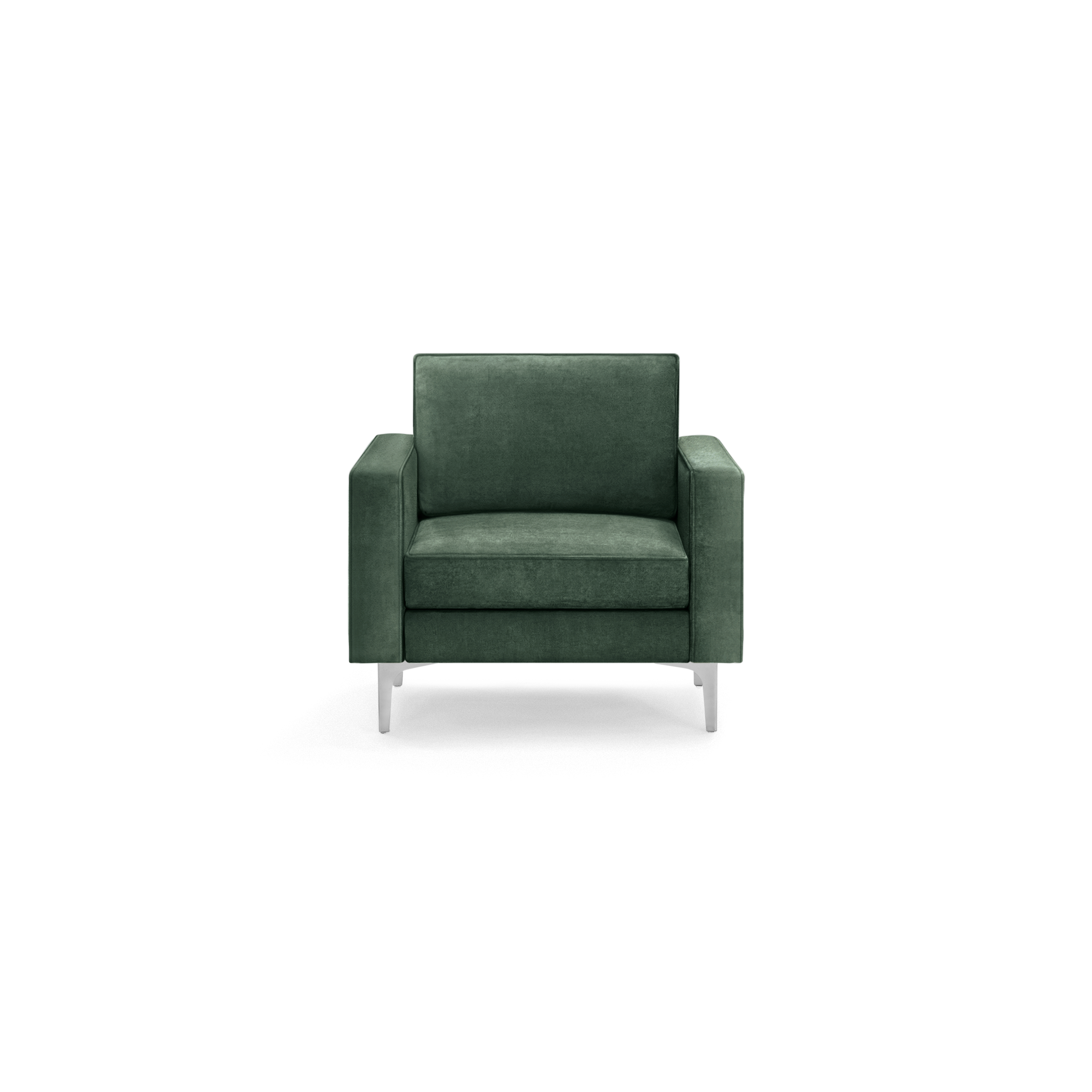 modern dark green velvet armchair with white metal legs and a sleek backrest, featuring a sleek, modern design