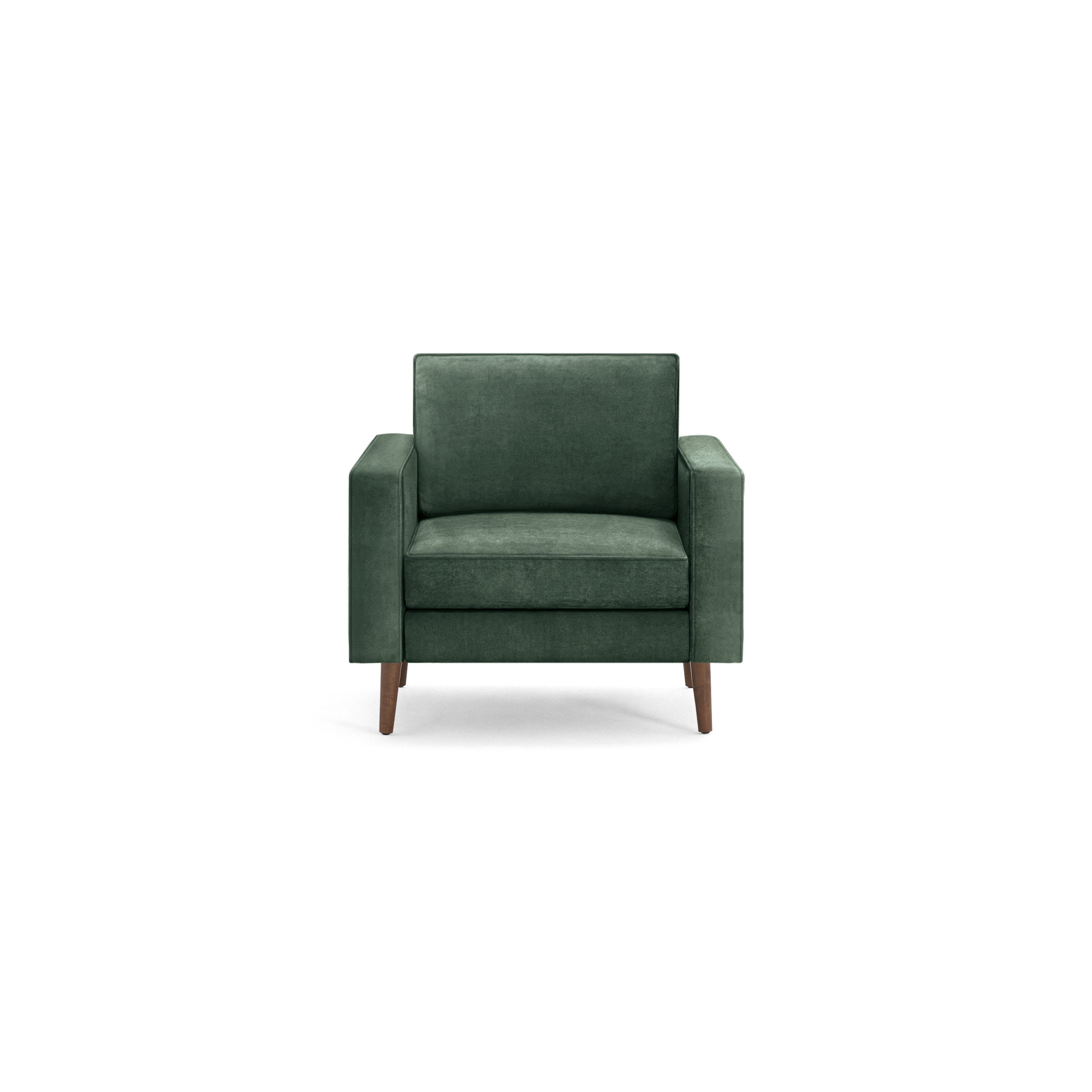 modern green velvet armchair with wooden legs and backrests, featuring a sleek, modern design