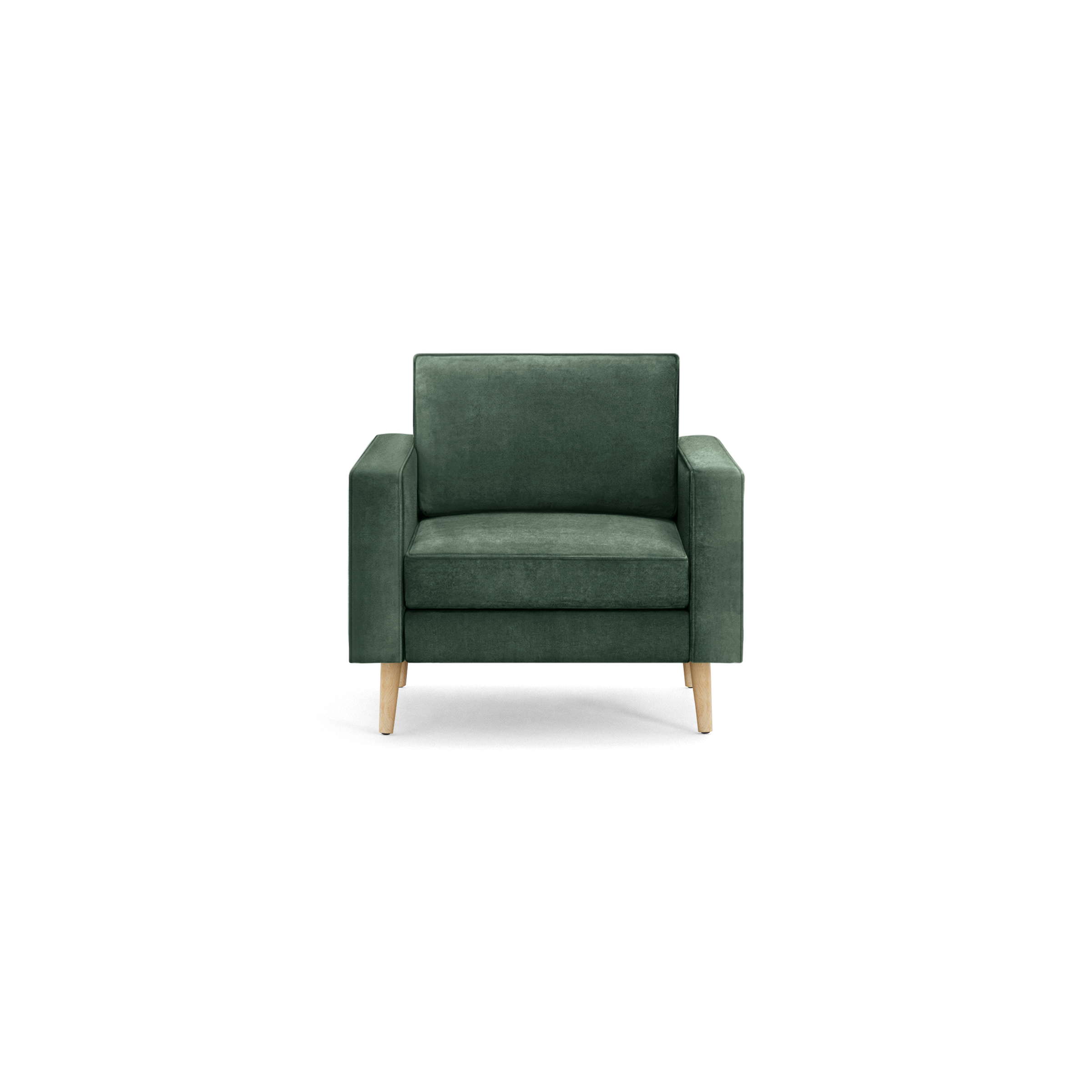 modern green velvet armchair with wooden legs and backrests, featuring a soft cushion and sleek design