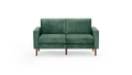 modern green velvet sofa with wooden legs and a deep cushioned seat, featuring a deep, deep - green upholstery