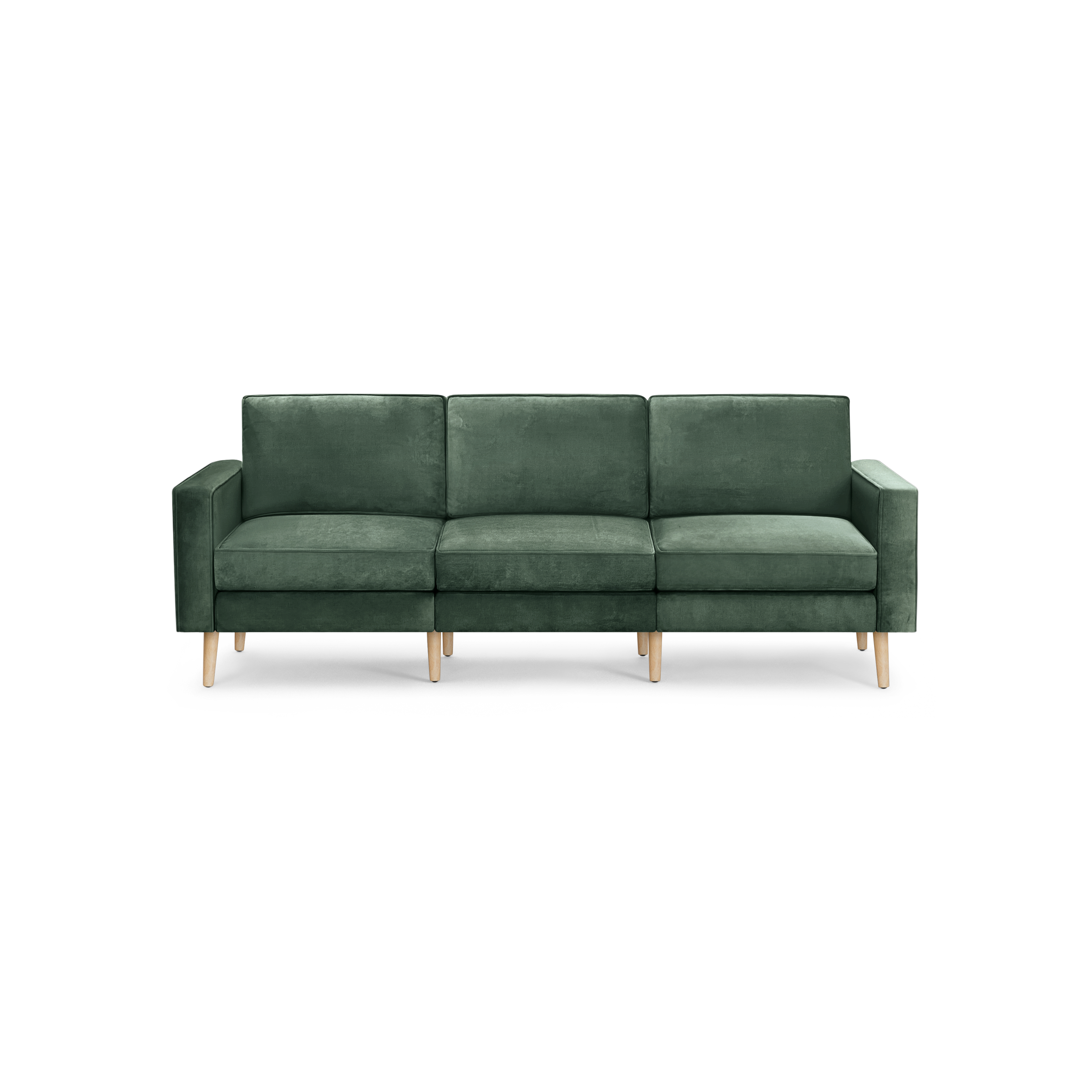 modern green velvet sofa with wooden legs and a deep green upholstery fabric sofa cushioned with a clean, modern design