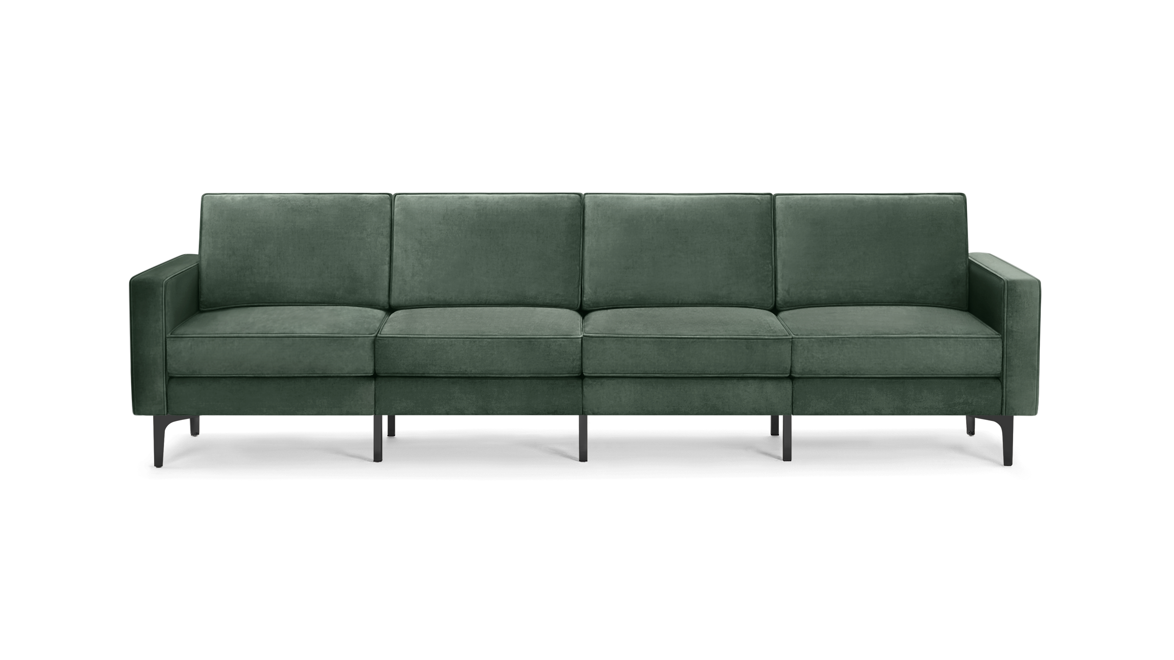 modern green velvet sofa with black metal legs and clean lines on the back, featuring a clean, minimalist design