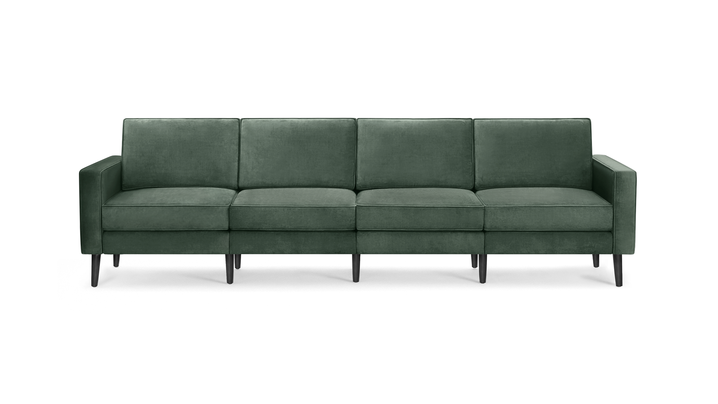 modern green velvet sofa with black metal legs and a sleek design