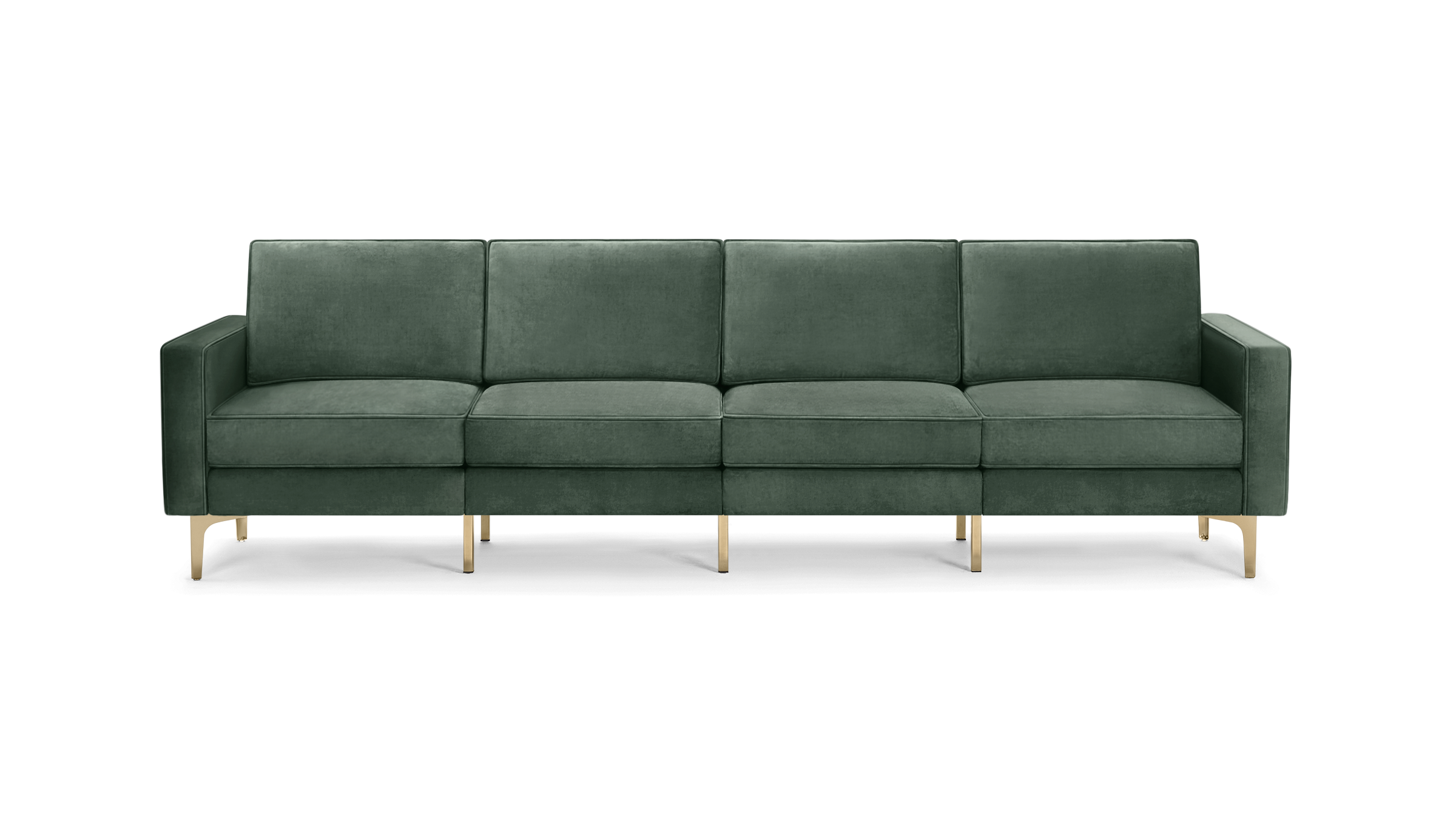 modern green velvet sofa with wooden legs and a clean, modern design