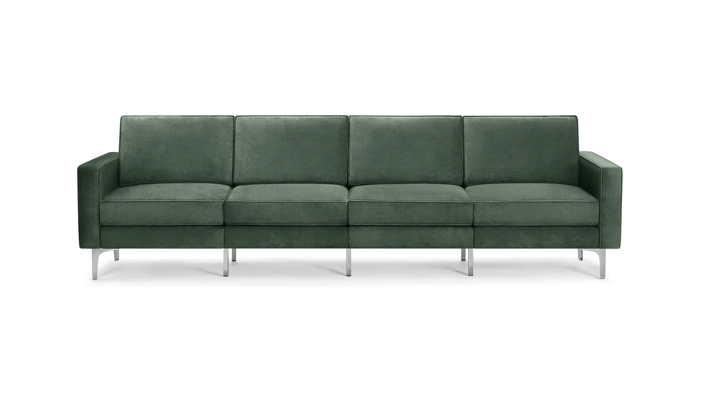modern green velvet sofa with chrome legs and a clean, minimal design